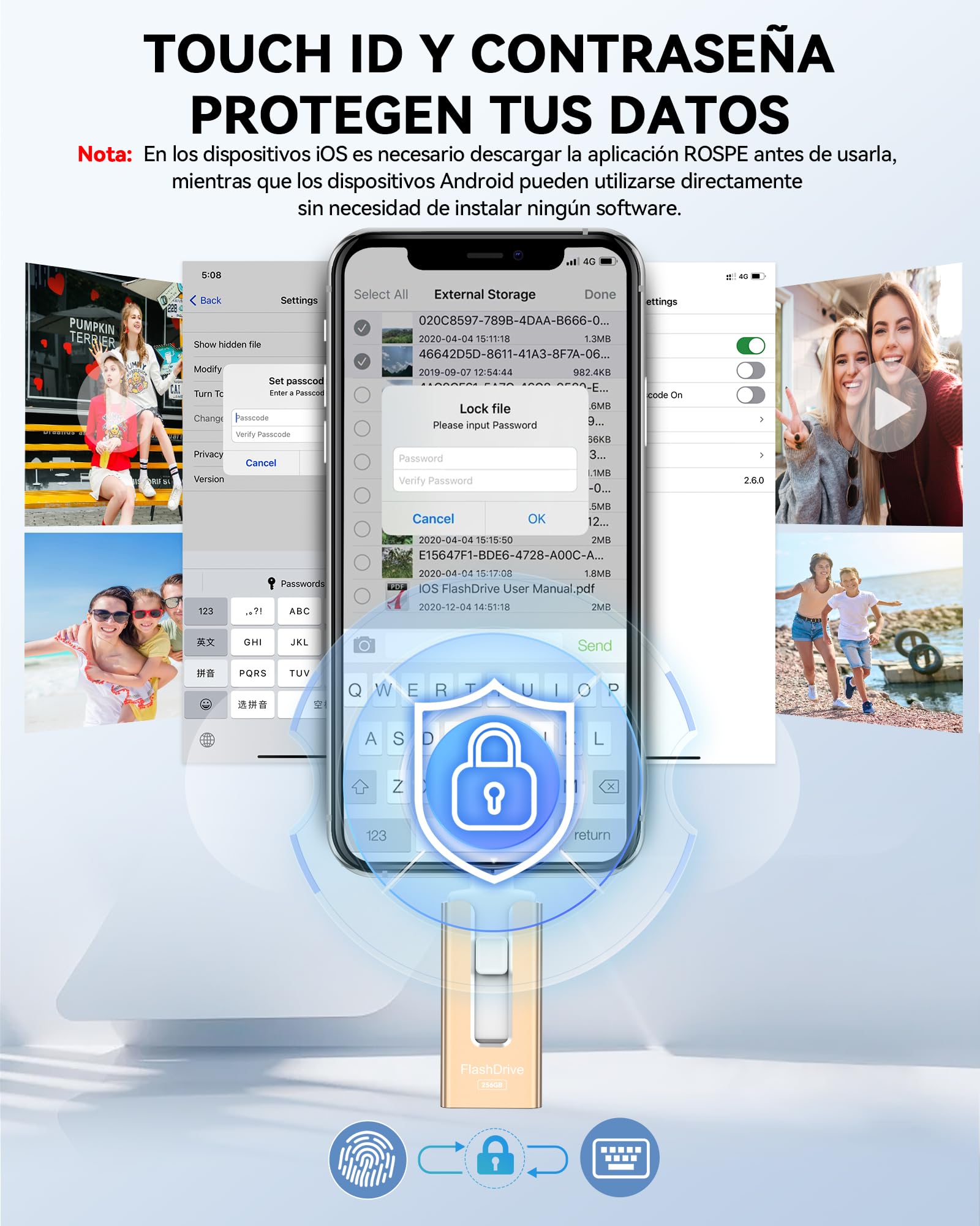 SUDEHO MFi Certified Chiavetta USB per iPhone, 256 GB, 4 in 1, Chiavetta USB Esterna, USB 3.0 Flash Drive per Memorizzare Più Foto Video, USB C Flash Drive per iPad/iOS/Android/Mac/PC, Oro
