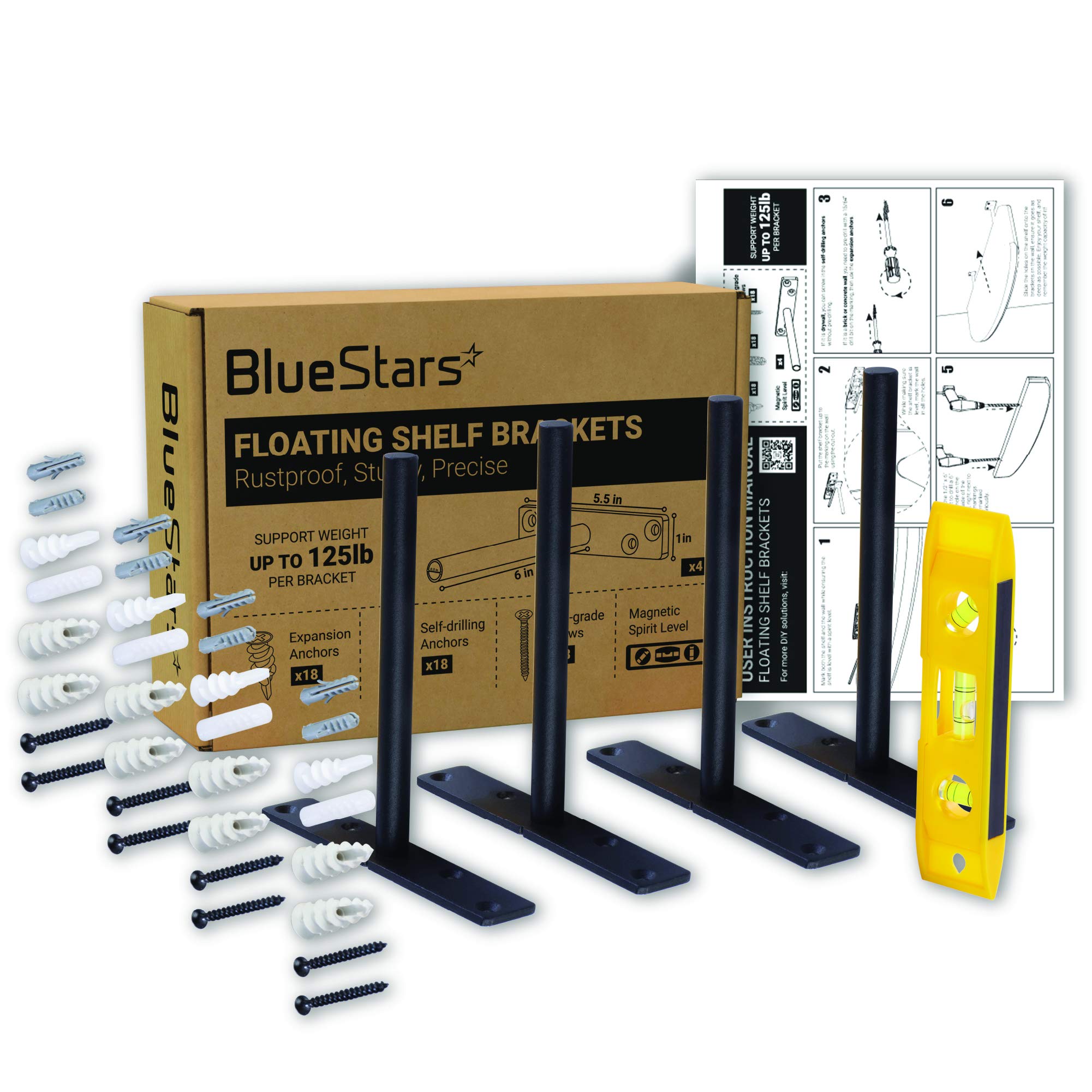 Buy 4 Pcs 6” Rustproof Floating Shelf Bracket by BlueStars Black