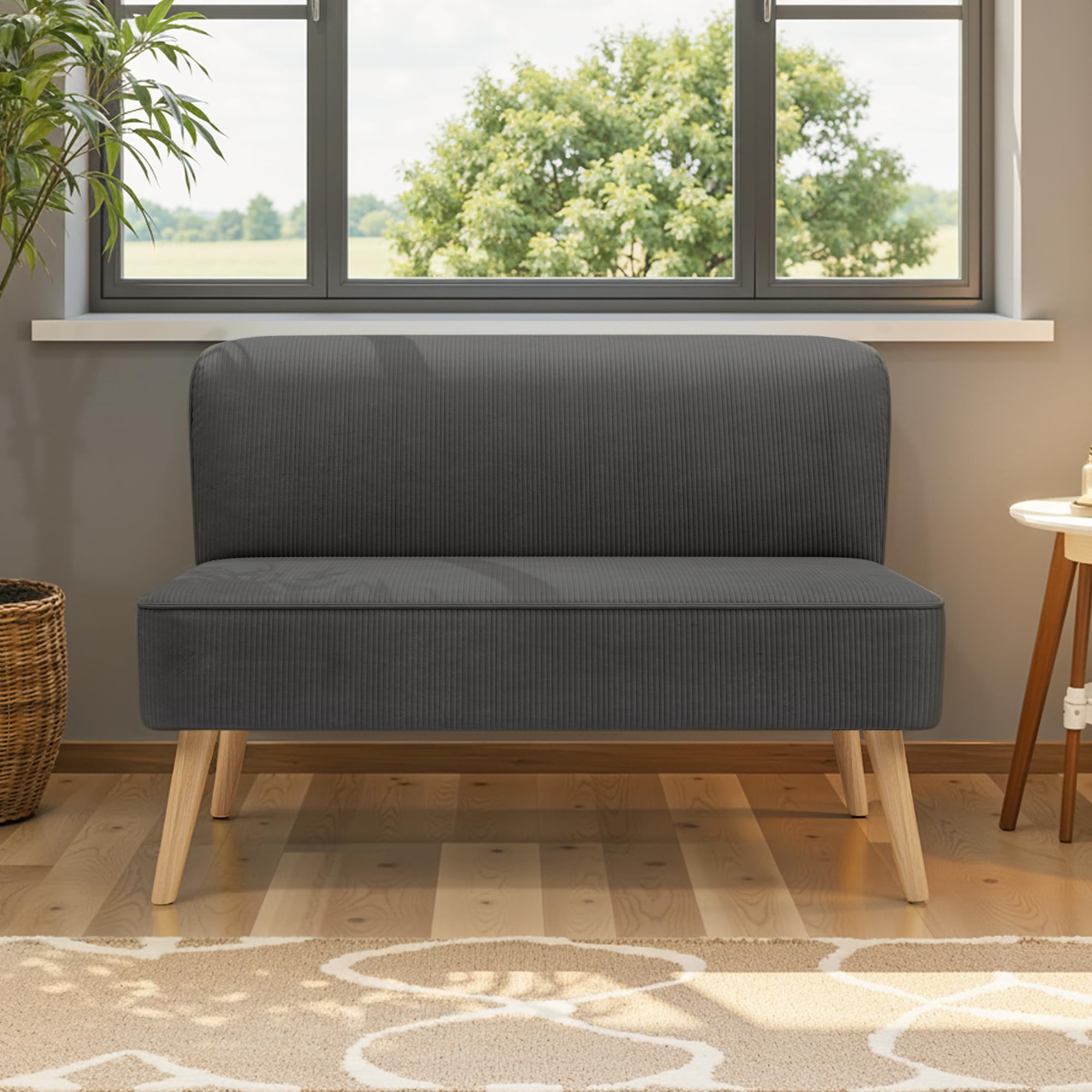 Sofá de 2 Plazas, Pequeño Loveseat con Tapizado de Aspecto Terciopelo Acanalado, Sofá Compacto Que Ahorra Espacio para Dormitorio, Salón, Apartamento, 117x56x76cm, Gris