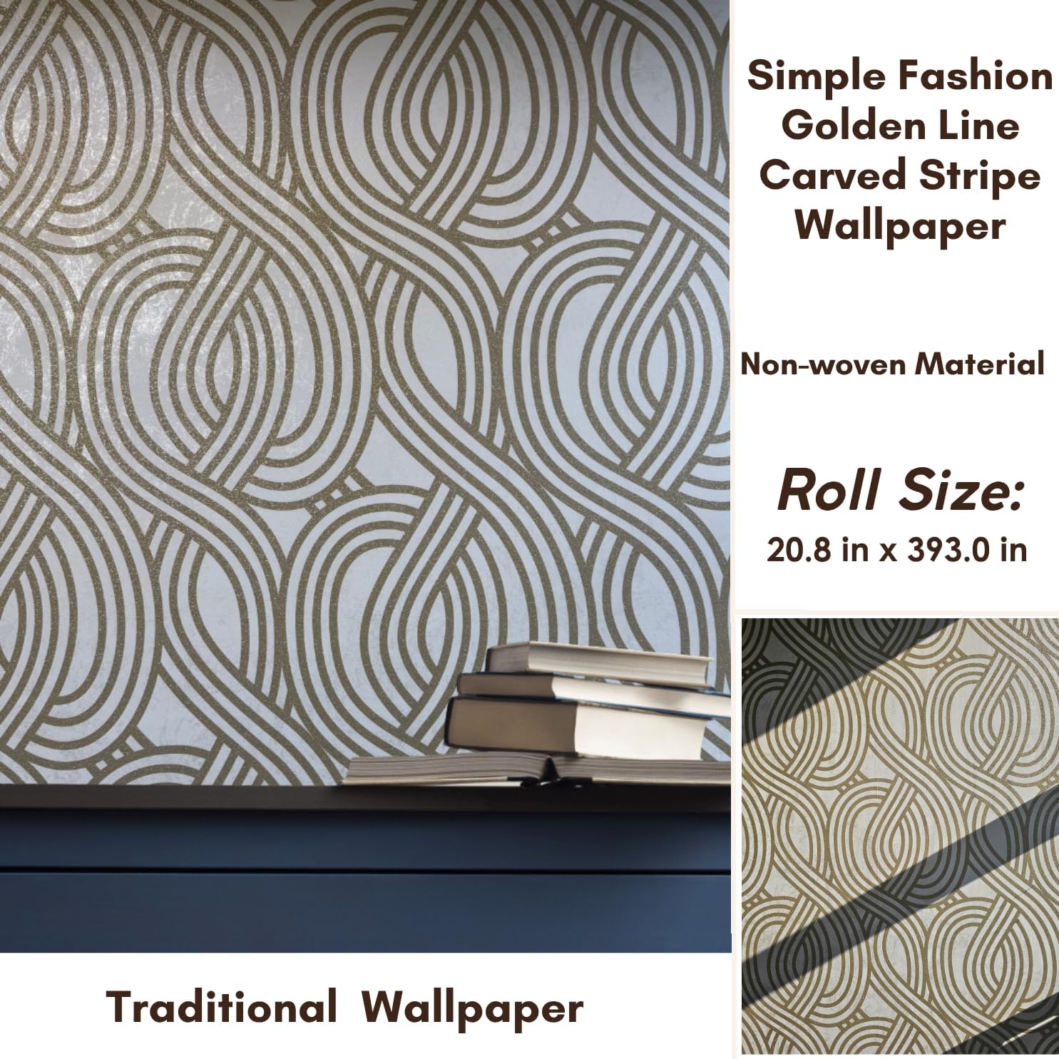 wave stripe textured glitter motif metallic embossed wallpaper golden line carved stripe traditional wallpaper 20.8 in x 393.00 in glitter wave stripe