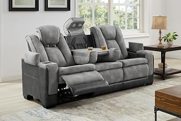 THSUPER Power Microfiber Reclining Sofa, Home Theater Seating Recliner Couch with Adjustable Headrest/Reading Light/USB Port/Storage Armrest/Drop Down Table for Living Room Grey