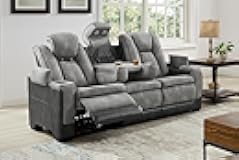 THSUPER Power Microfiber Reclining Sofa, Home Theater Seating Recliner Couch with Adjustable Headrest/Reading Light/USB Port/Storage Armrest/Drop Down Table for Living Room (Grey)