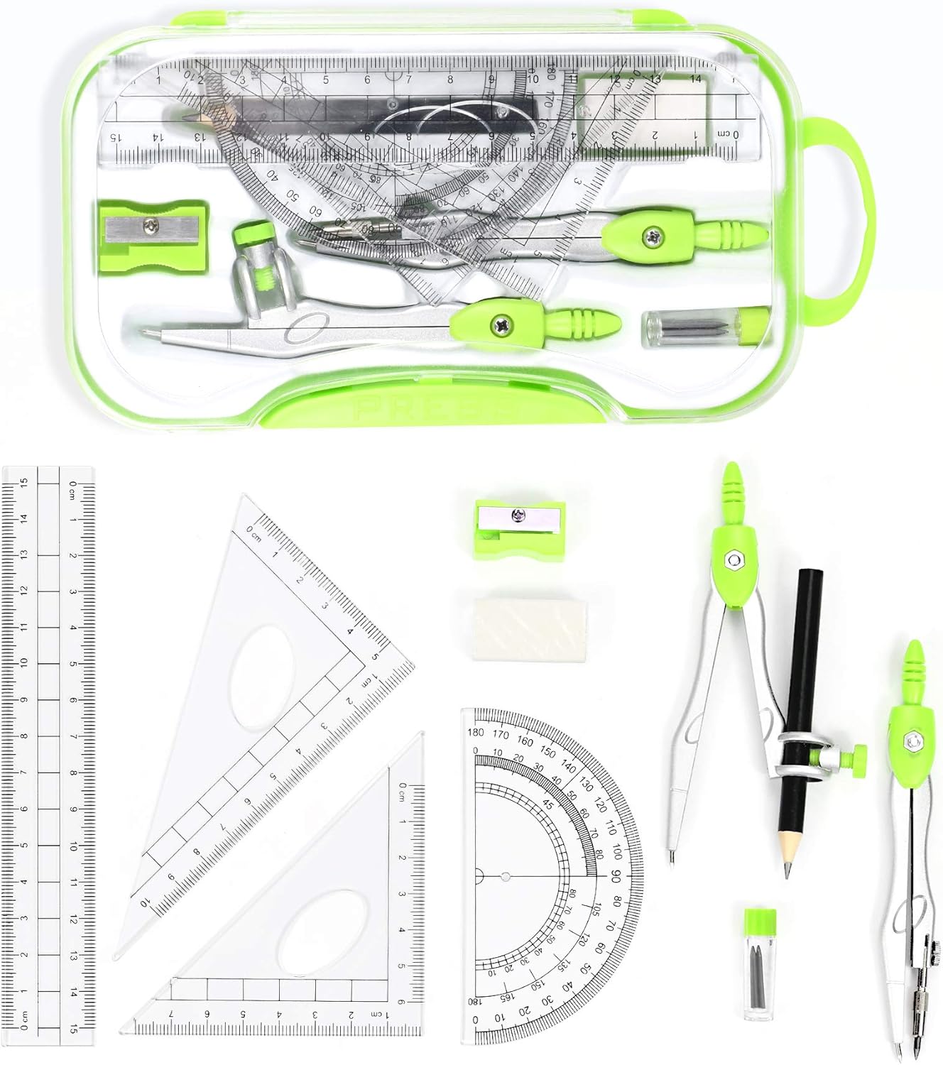 Vobou 10 Pieces Math Geometry Kit Set Student Supplies with Shatterproof Storage Box,Includes Rulers,Protractor,Compass,Eraser,Pencil Sharpener,Lead Refills,Pencil,for School and Drawings（Green） : Office Products
