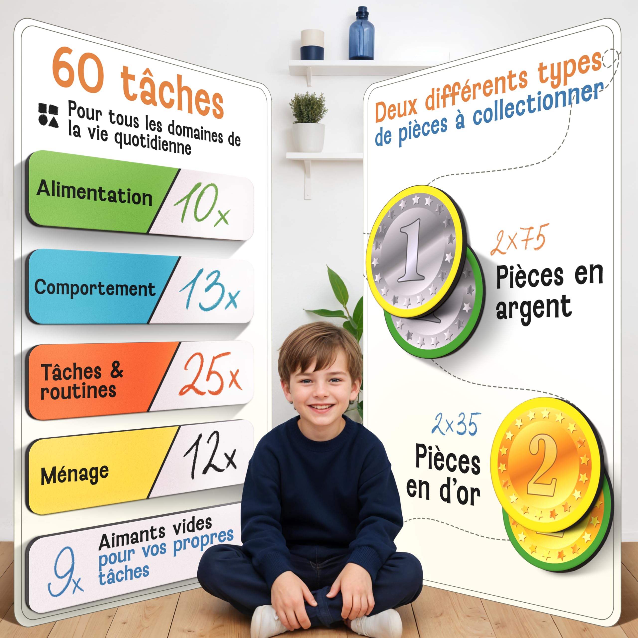 LIKARTO® Tableau de récompense Enfant - Tableau magnétique avec 280 aimants - Tableau comportement, Routine Enfant, Apprendre l'Autonomie, Planning semainier, Calendrier éducatif