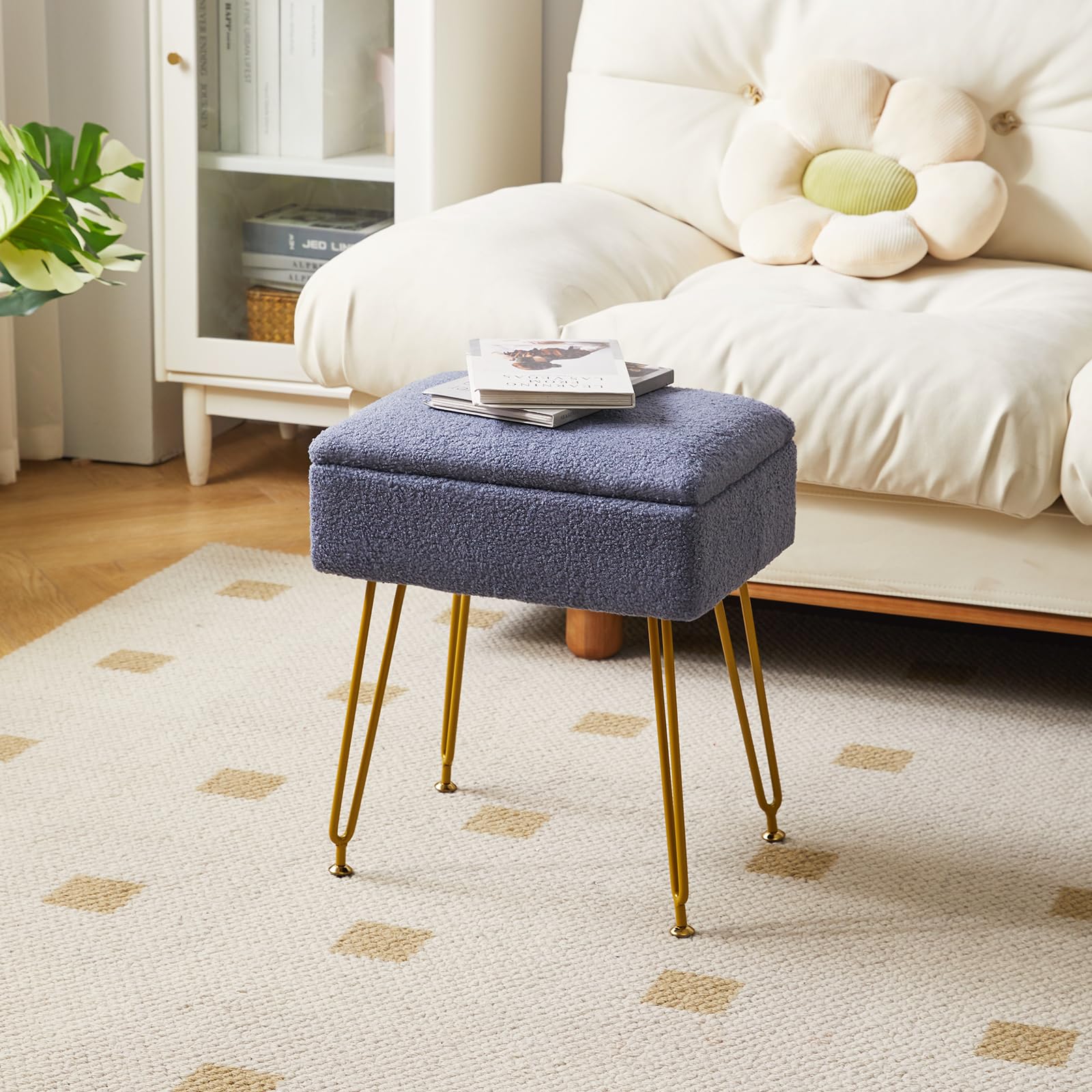 Sgabello Pouf Con Contenitore In Velluto - Poggiapiedi Moderno Con Gambe Dorate | Grigio Blu 40x29.5x48 Cm - Foto 5