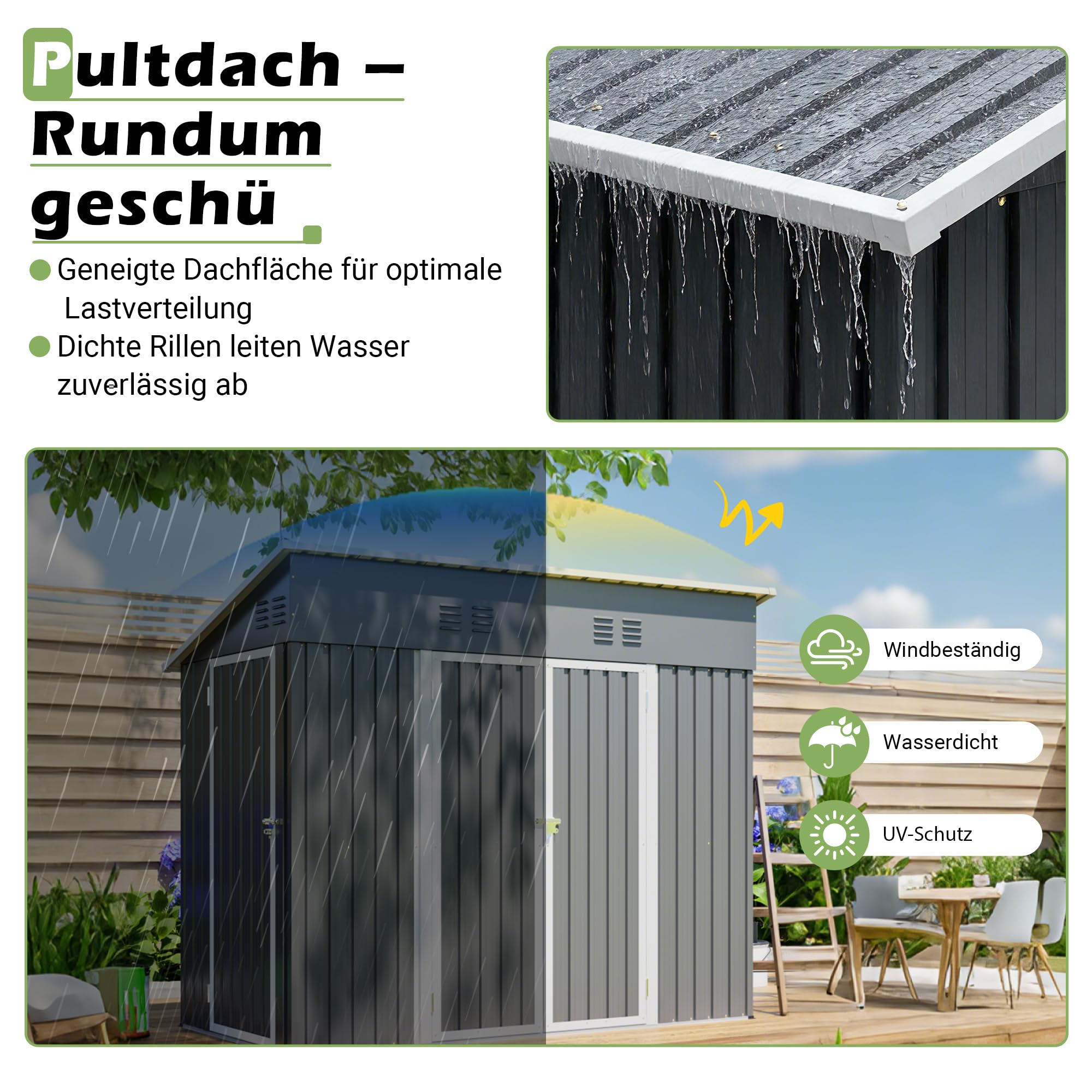 Metall Gartenschuppen 242x120x192 cm, Grau – mit 3 Türen & 2 Schlössern