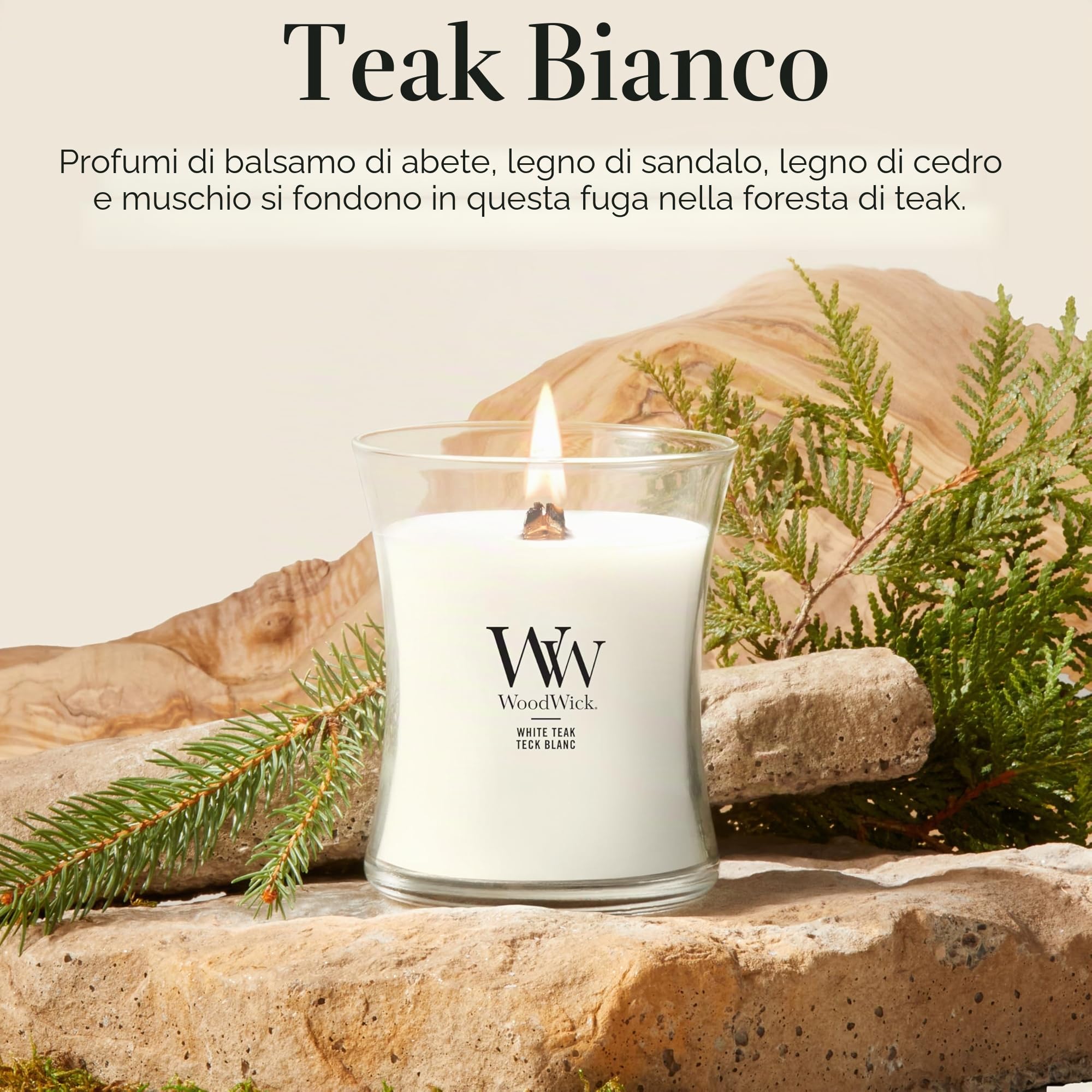 WoodWick | Candela Media | White Teak | Ottimo regalo per donne