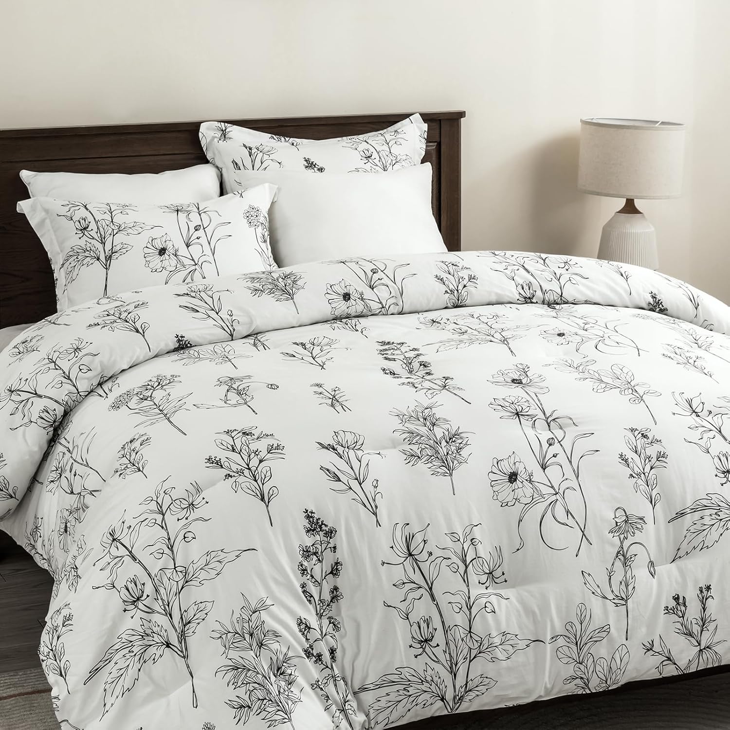 Finlonte Queen Comforter Set, Floral Comforter Bedding Sets Queen, 100% Cotton Fluffy Bed Set Queen Size, 3-Pieces Botanical Lightweight Quilted All Season, White/Black, 90"x90"