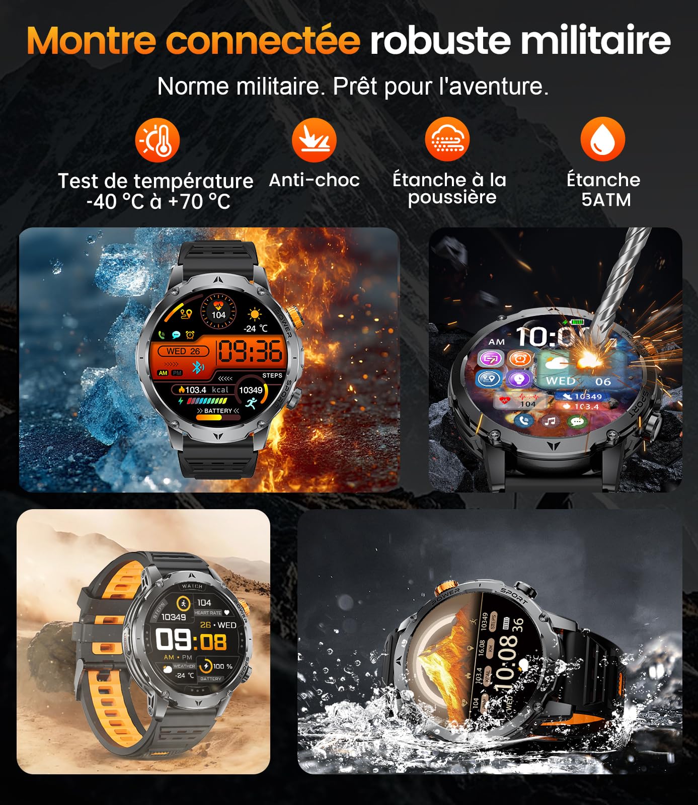 EF24 Montre Connectée Homme Militaire avec Lampe Torche LED, Écran HD 1,85 Pouce, Batterie 1000mAh, 100 Modes Sportifs, IP68 Étanche, 3 Bracelets, Câble USB et Type-C, pour Android iOS (Noir)