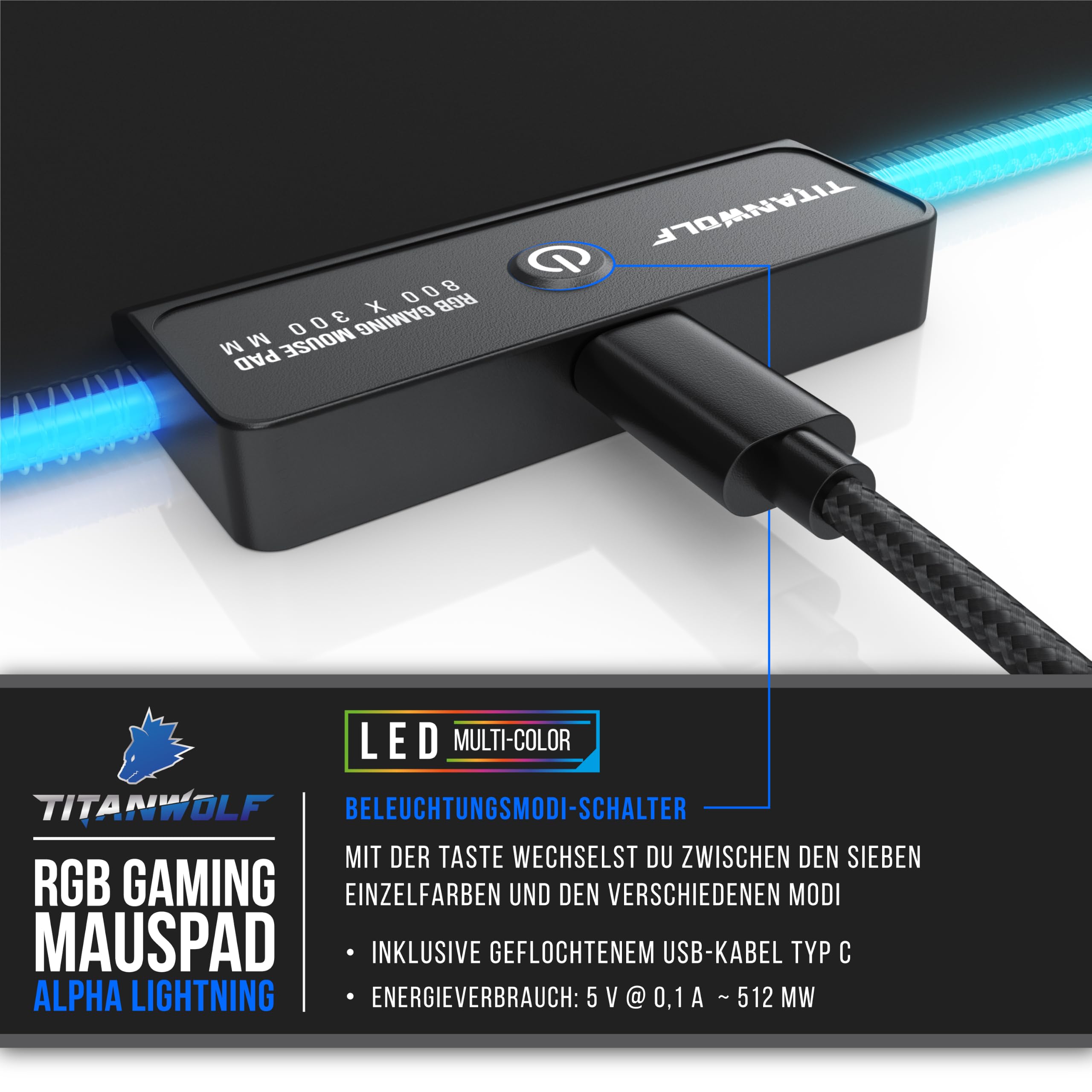Titanwolf - XXXL RGB Gaming Mauspad – 1200 x 600 mm - Mousepad - LED Multi Color - 7 LED Farben Plus 4 Effektmodi - für Präzision und Geschwindigkeit - Gummierte Unterseite - abwaschbar