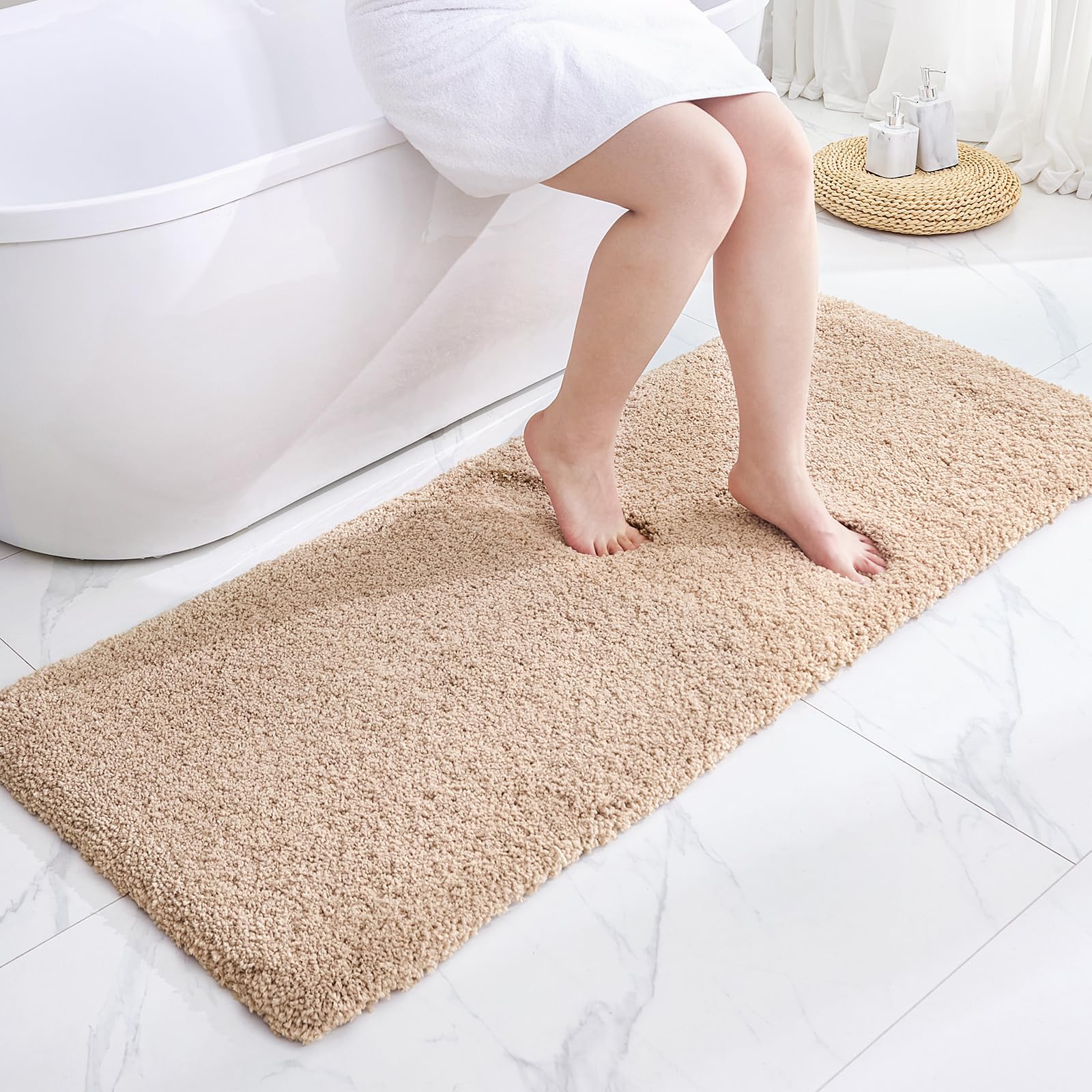 Disolla Beige Bathroom Rug 24x48 Non Slip Fluffy Bath Mat for Bathroom Floor Washable Plush Luxury Bath Rug for Tub Soft Shaggy Absorbent Shower Sink