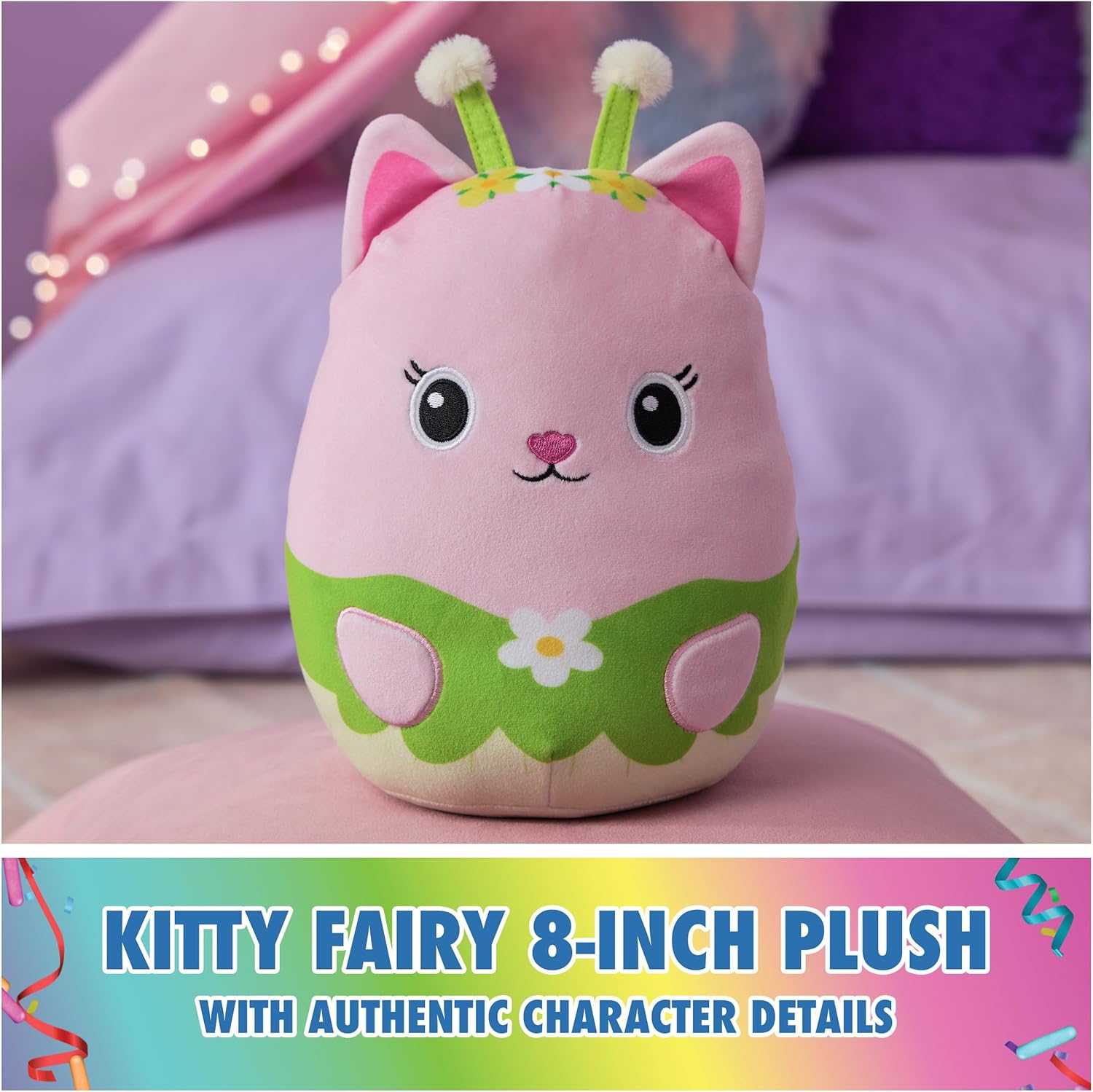 Gabby’s Dollhouse Official Kitty Fairy Squishy Plush Toy, Cat Stuffed Animal, Squishy Toys for Ages 1 & Up, Pink/Green, 8”