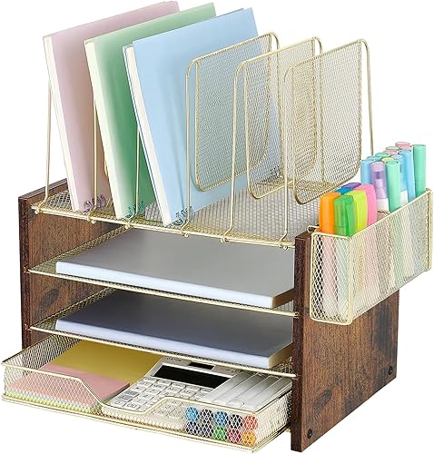 OPNICE Organizadores y accesorios de escritorio dorados, organizador de archivos de escritorio de 4 niveles con cajón, organizador de papel de