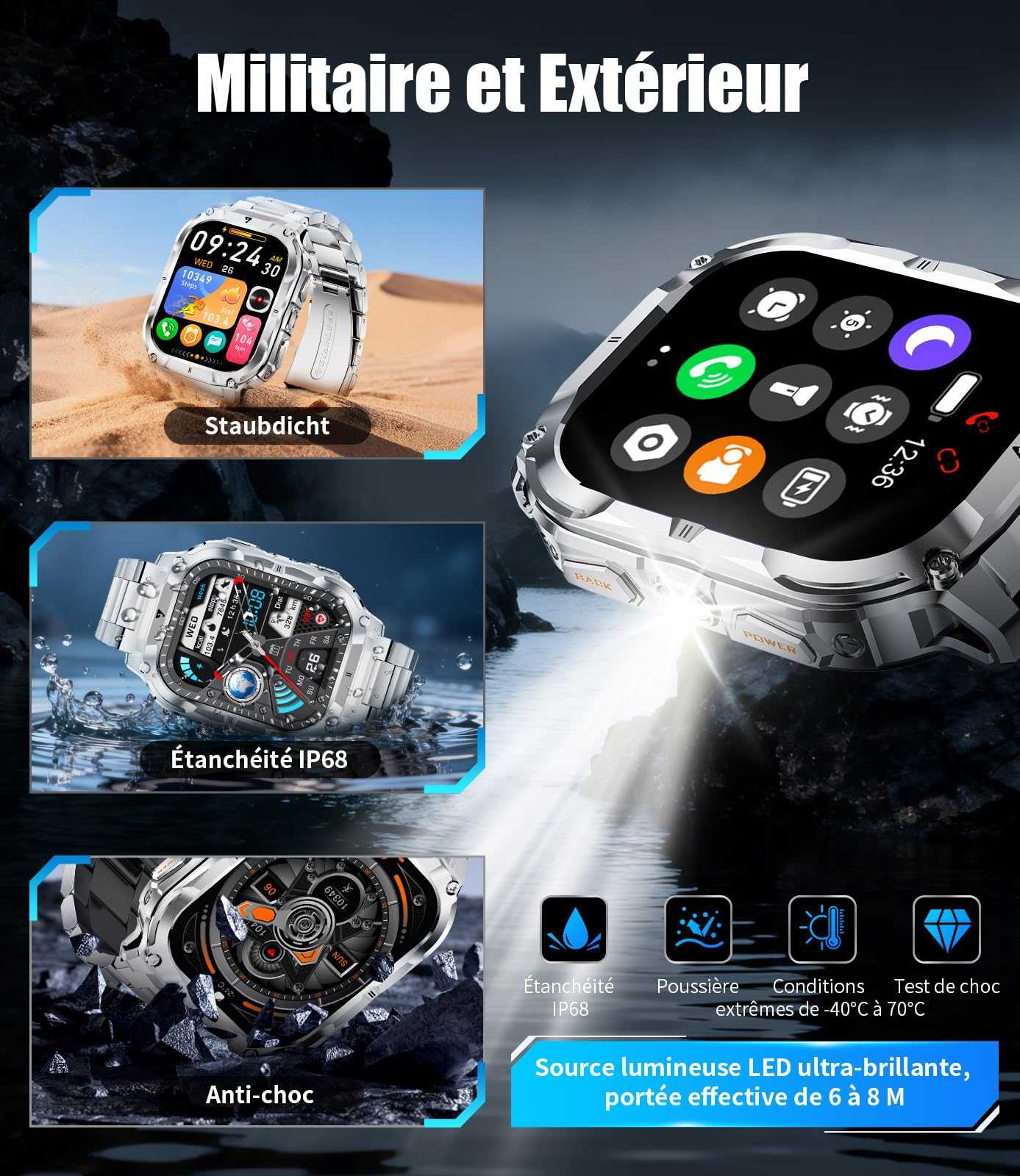 LIGE Montre Connectée Homme avec 1000mAh/2.0'' HD Grand Écran/LED Lampe,Smartwatch Homme avec Moniteur de Fréquence Cardiaque et Sommeil/110+ Modes Sportifs,IP68 Étanche Android iOS,Argenté