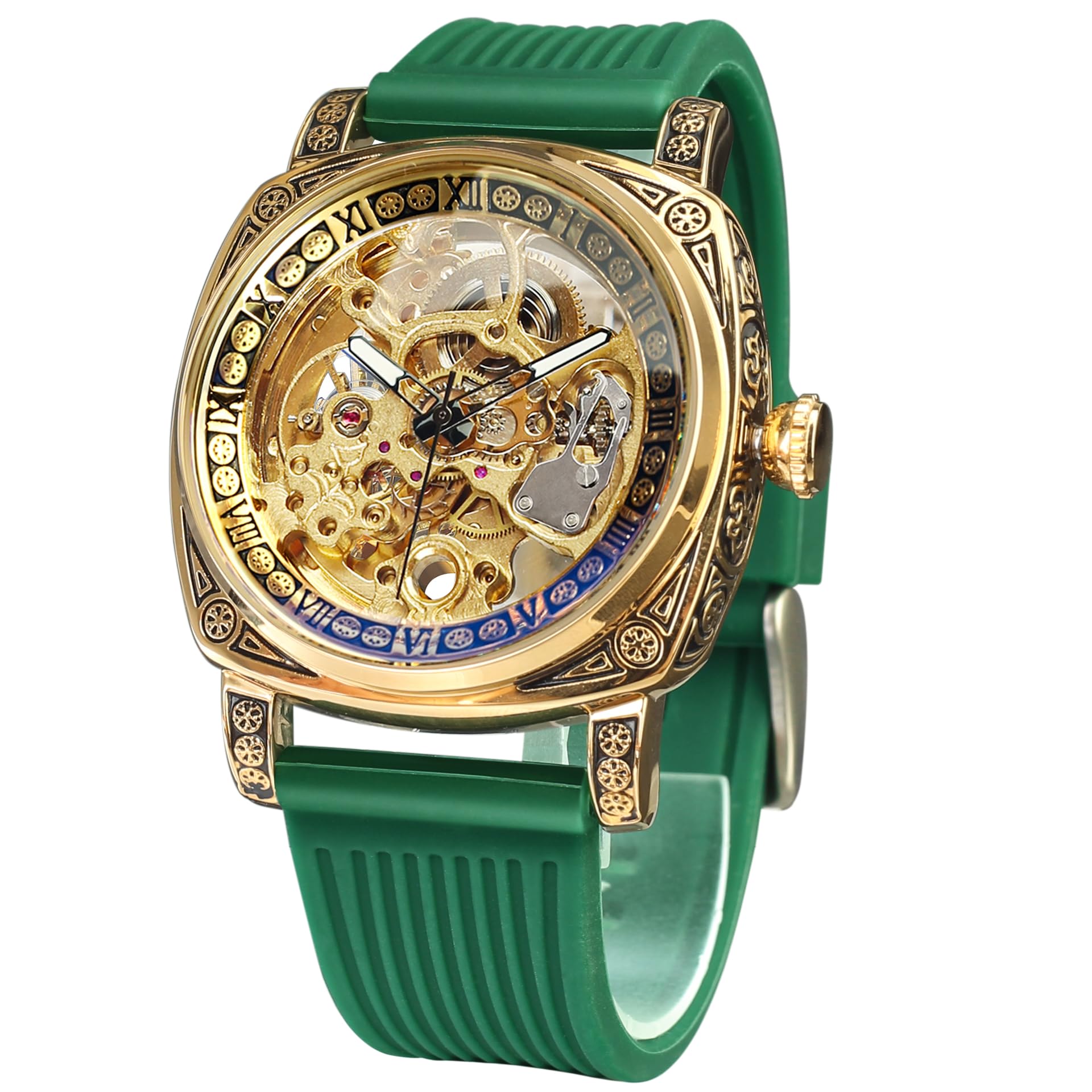 FORSINING Watches for Man, Square Retro Mechanical Watch Self-Wind Carved, Skeleton Automatic Watches Vintage Leather Strap Wristwatch