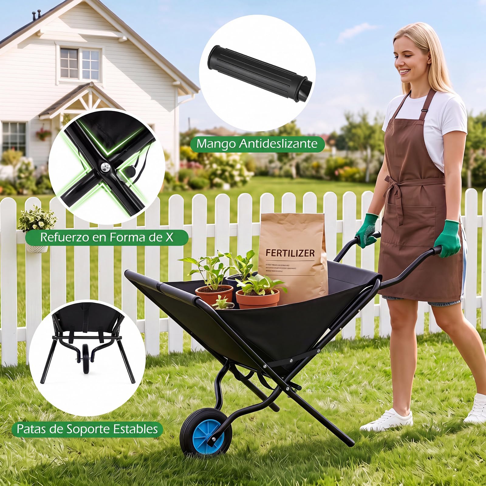 COSTWAY Carretilla de Jardín Plegable con Rueda, Lona Oxford, 78x109x72 cm | Carro de Transporte, Carga de 40 kg, Esturctura de Metal, Mangos Antideslizantes, Carrito de Obra Plegable para Jardinería