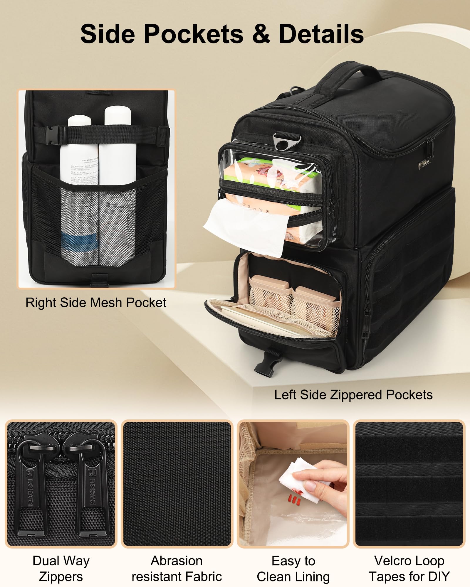 Relavel Rollender Make-up Koffer, Kosmetikkoffer mit Rädern + 4 transparenten Taschen, Profi Set für Make-up-Künstler – Kosmetik-Organisierer mit verstellbaren Trennwänden, 360°-Drehrollen, Schwarz