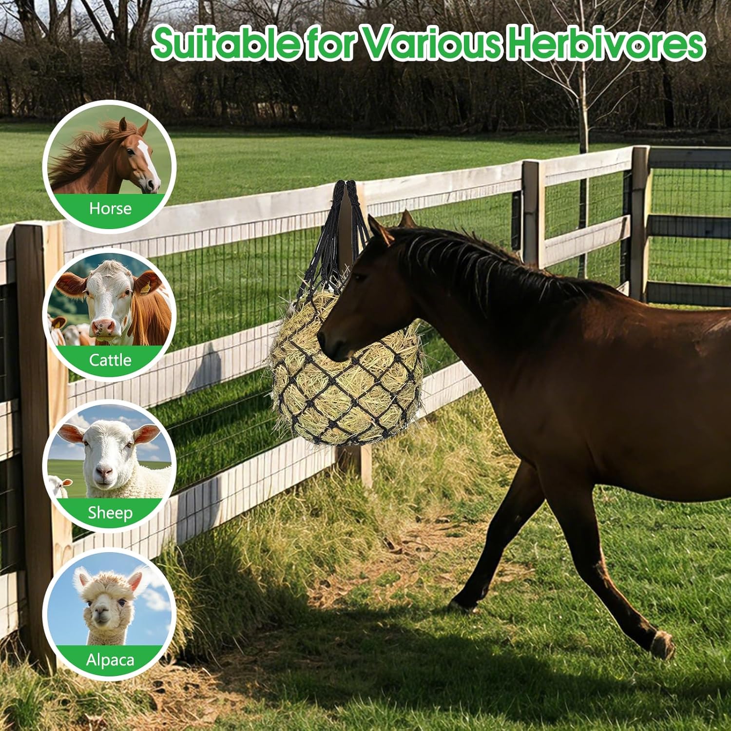 3 Pack Slow Feed Hay Nets for Horses, 40-Inch Durable Mesh Hay Bags with Carabiners and Gloves, Durable Hanging Hay Net for Goat Sheep, Livestock Hay Feeder for Stable Trailer Pasture