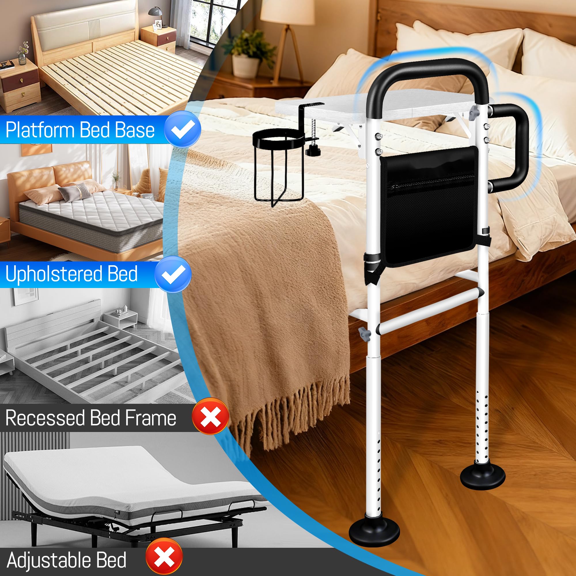 LanAqua Bed Rails for Elderly Adults Safety with Foldable Tray, Adjustable Bed Assist Rails for Seniors with Motion Sensor Light & Cup Holder, ASTM Approved Bed Cane Bed Rail with 2 Handles & Pocket — view 4