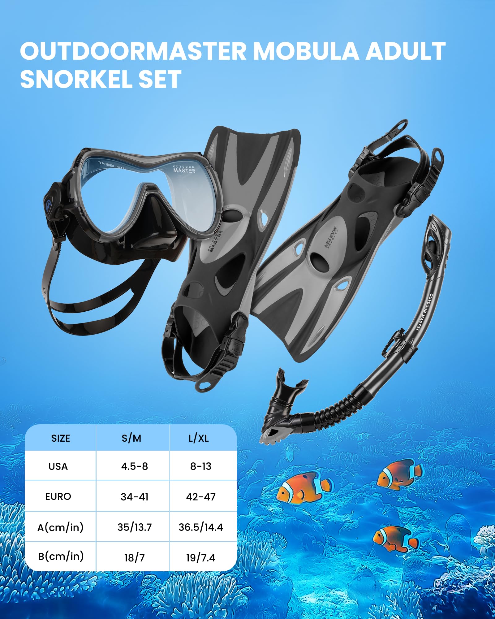 OutdoorMaster Mobula Snorkeling Gear for Adults,Mask Fins Snorkel Set with Panoramic View Anti-Fog, Dry Top Scuba Gear for Swimming Snorkeling Diving