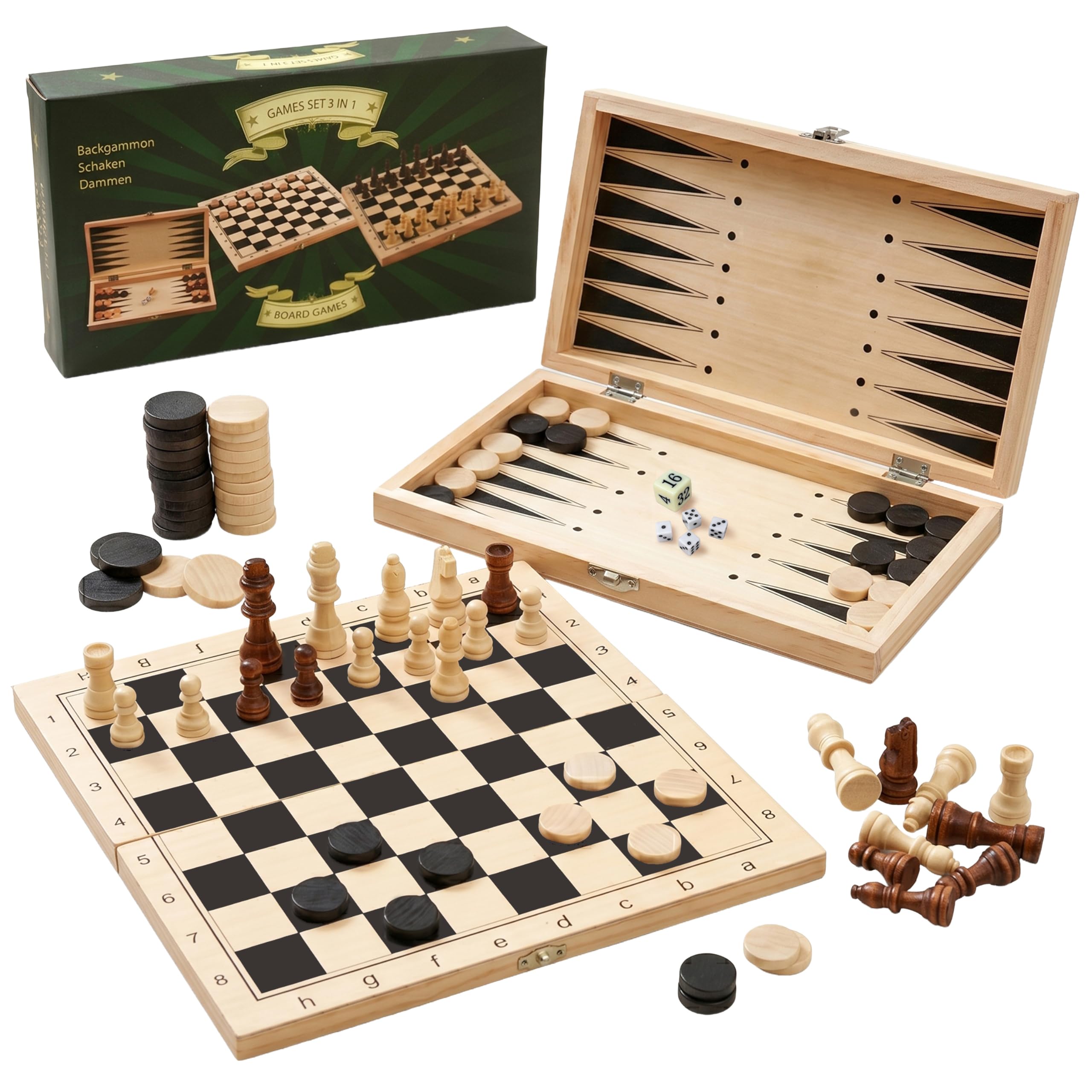 MTS Holzbrettspiel 3 in 1 3 in 1, Kompendium Reisespiele, Schach Backgammon, Damenspiel