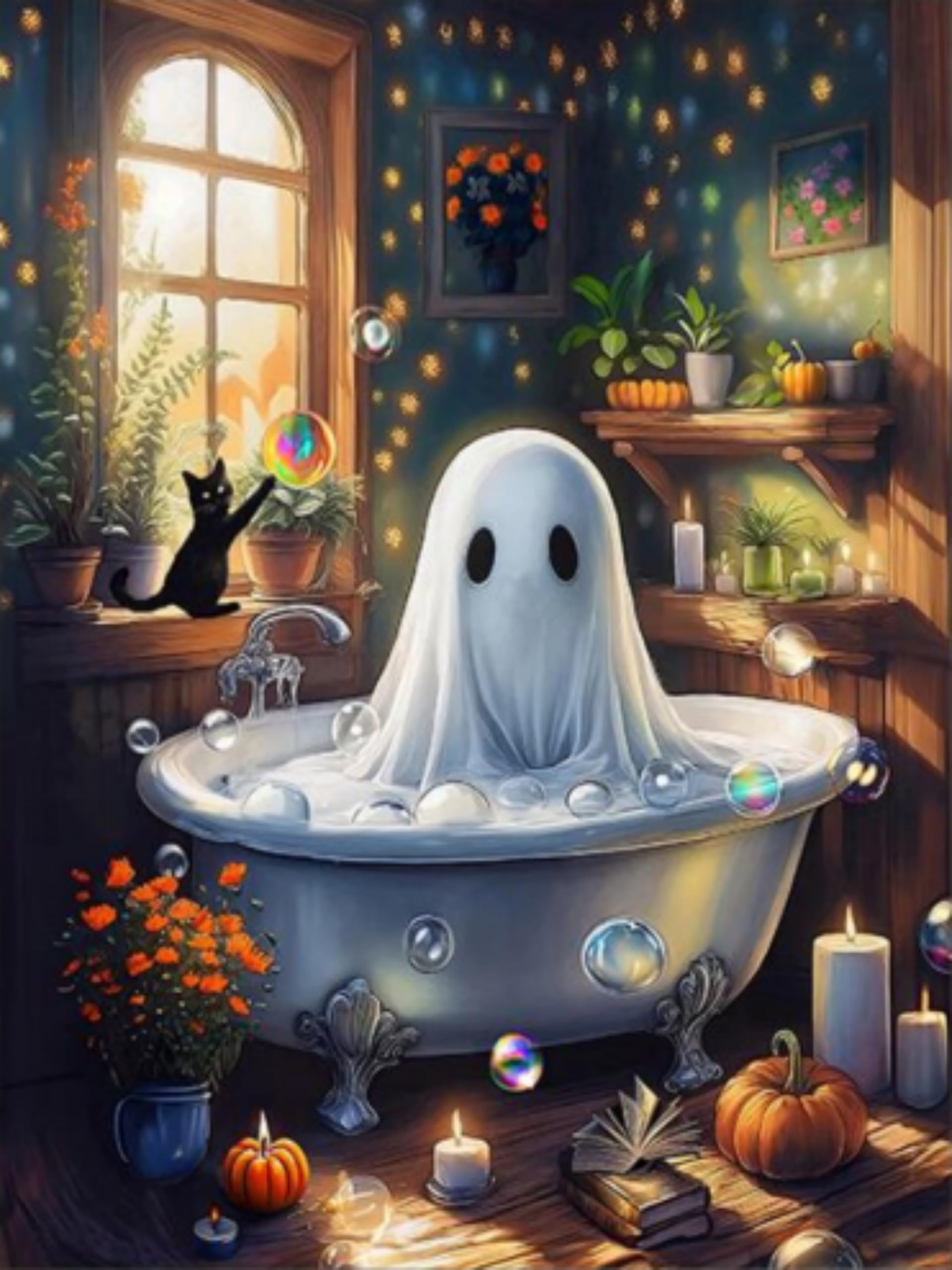 Cute Bathing Ghost and Black Cat Diamond Art Kits for Adults-Halloween 5D Diamond Painting Kits for Adults Beginners,DIY Full Drill Diamond Painting Gem Art for Gift and Home Decoration(12x16 inch)