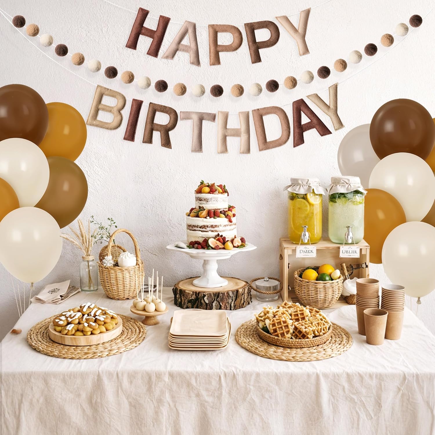 Kriyokiaa Pre-Strung Felt Happy Birthday Banner Retro Brown Happy Birthday Party Decorations with Party Hats for Stuffed Animals, Pom Pom Garland and Balloons for Women Men Boys Girls Party Decor