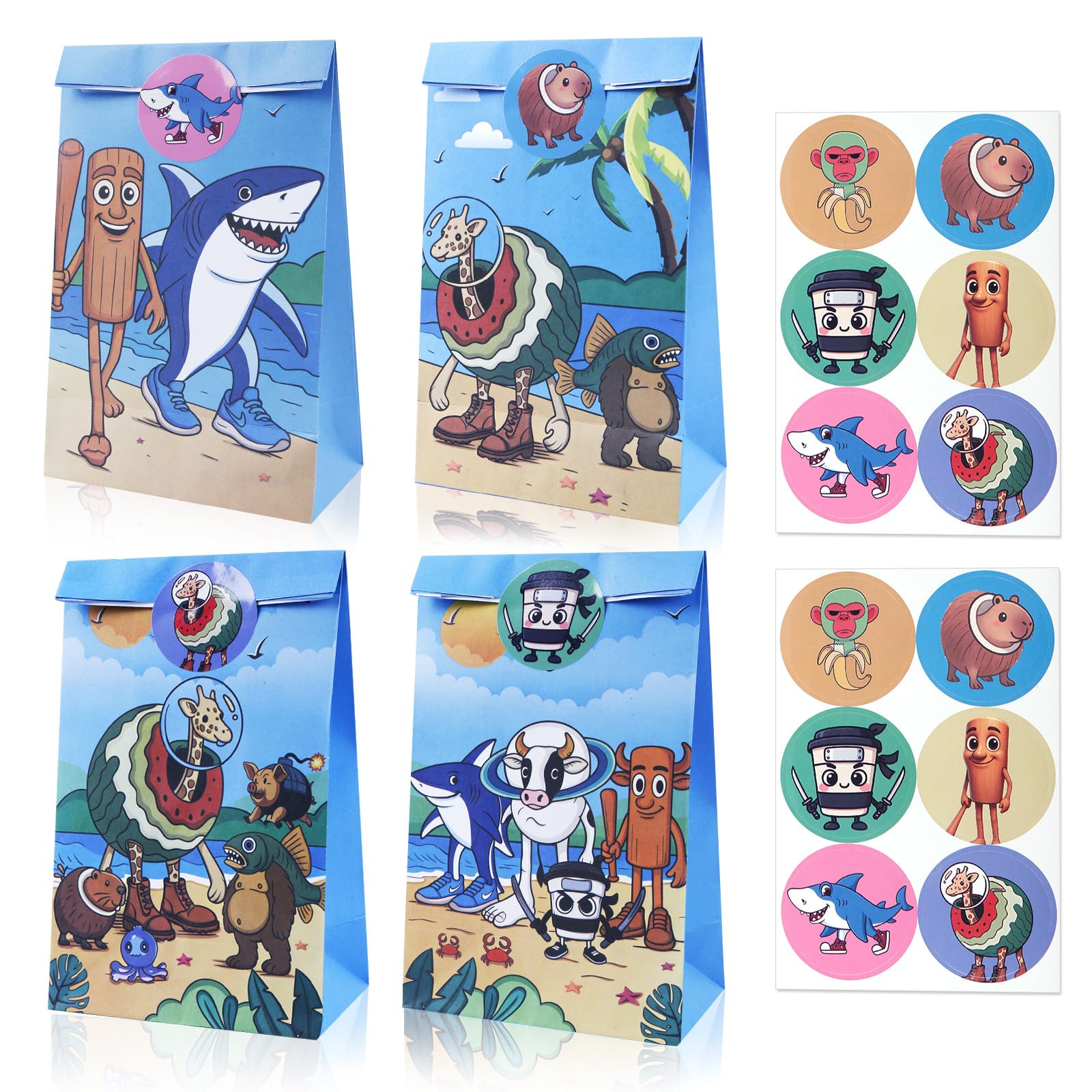 12 Pcs Brainrot Party Bags for Kids, Paper Gift Bags with 12 Stickers, Candy Goodie Treat Bags for Birthday