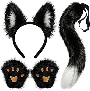 Faux Fur Dog Ears Headband Tail Set for Halloween Cosplay, Black Puppy Costume Accessories
