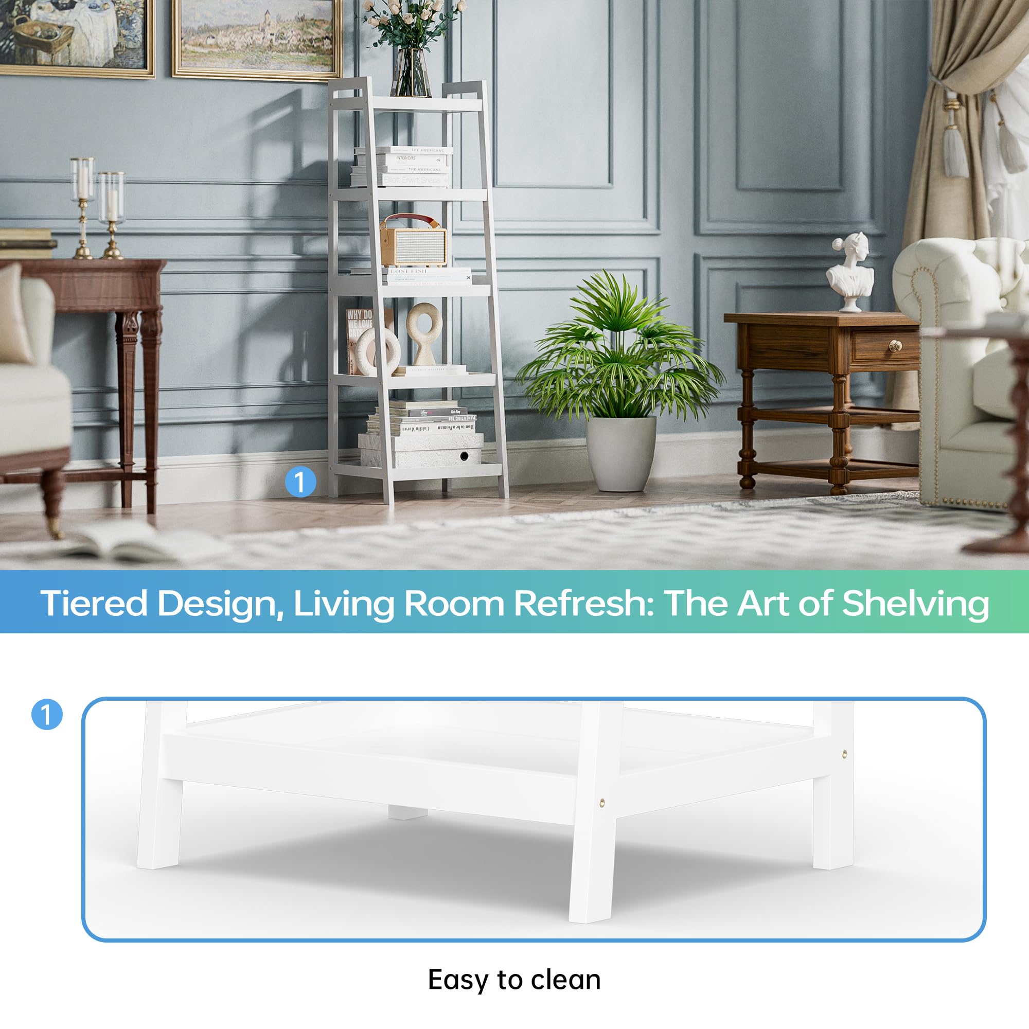 SMIBUY Estantería Escalera de Bambú,Organizador de estantes de baño, estantes Que ahorran Espacio para Dormitorio de 4 y 5 Capas (Blanco, 5 Niveles (127cm H))