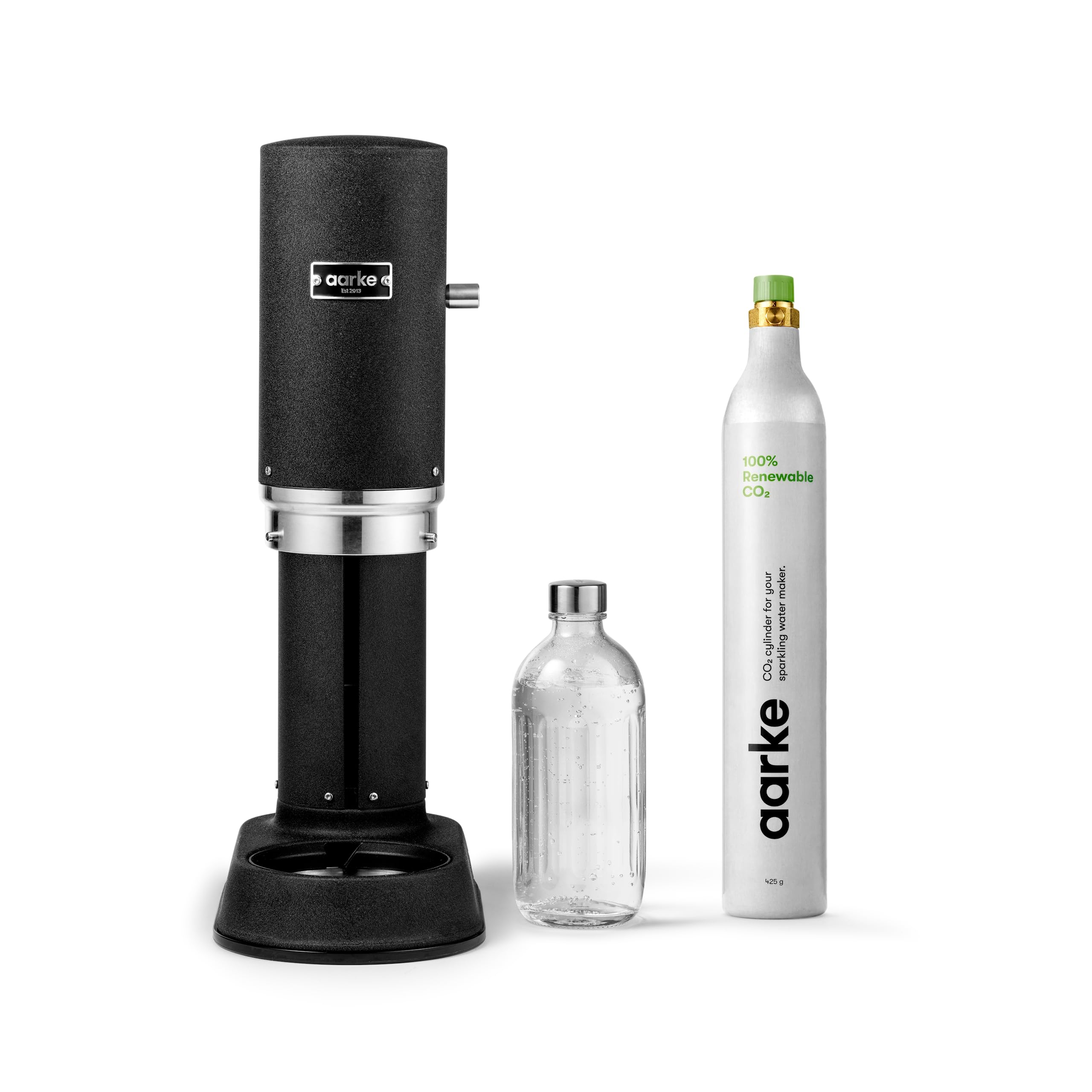 Aarke Carbonator Pro - Pulverizador de agua con botella de cristal, acabado negro mate + cilindro de CO2 AARKE 60L, 100% renovable