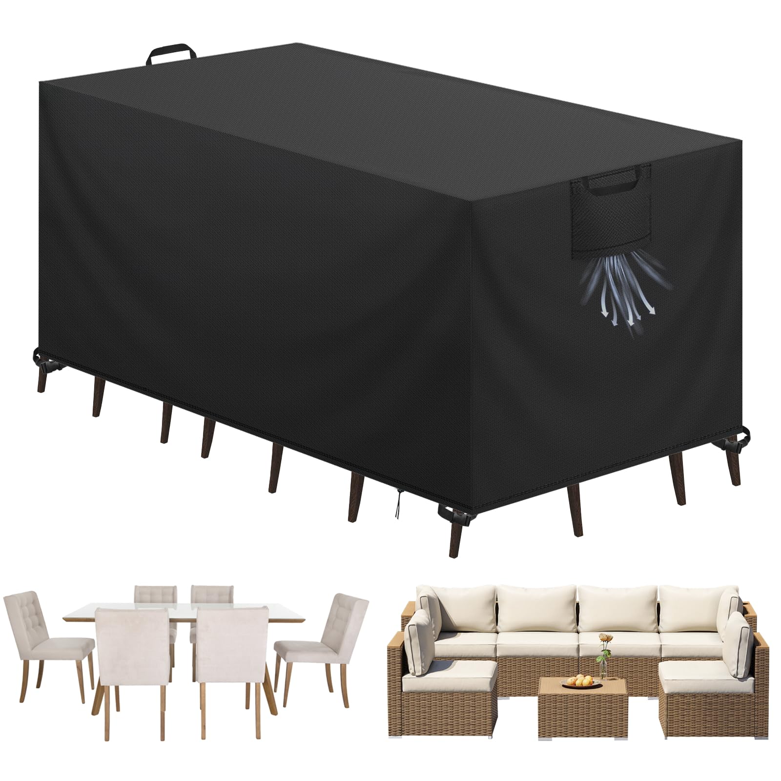 Funda Mesa Exterior Impermeable, Cubierta Tela Oxford 420D Anti Viento Anti UV, Negro, 242x162x100cm — view 13