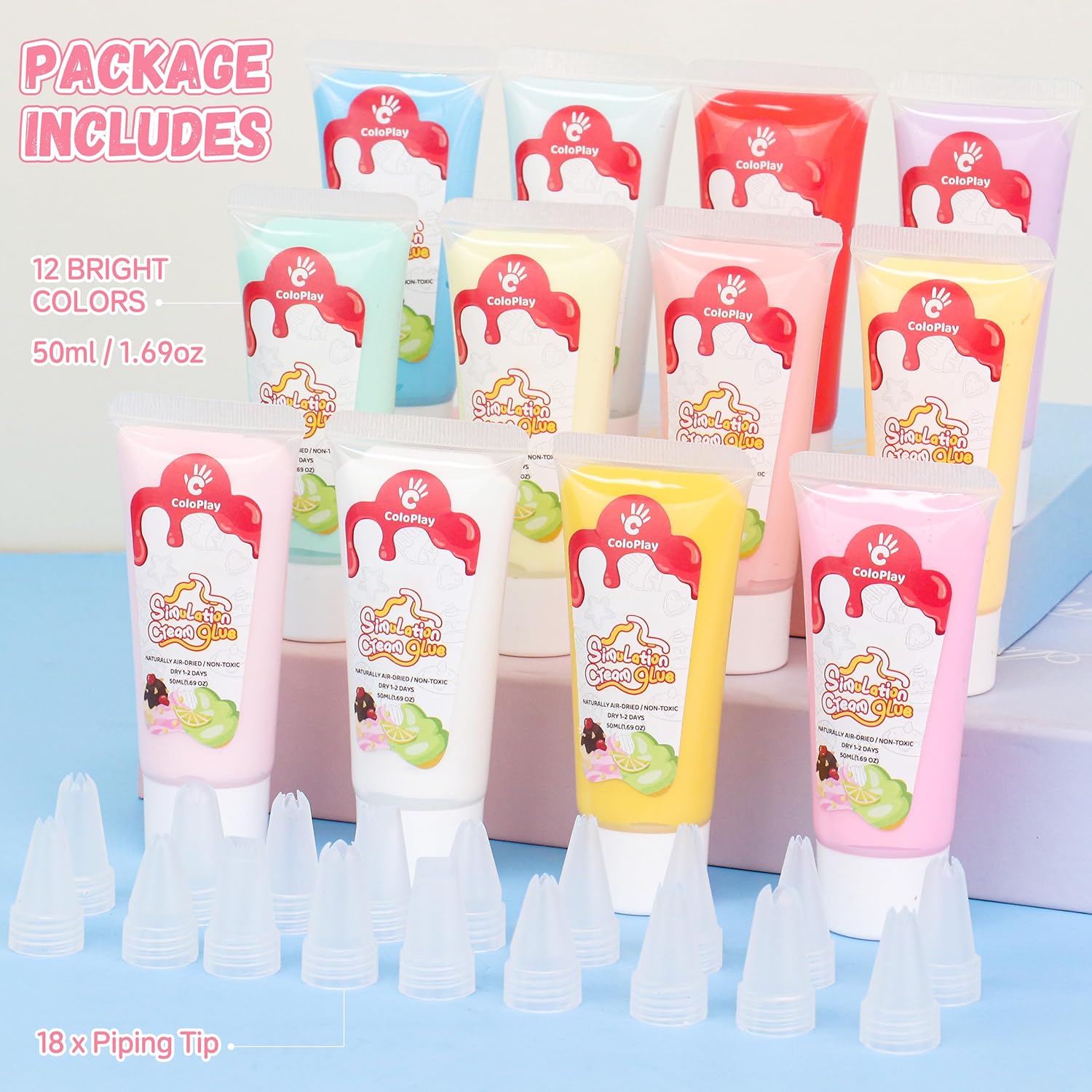 Cream Glue, 12PCS 50g Whipped Cream Glue Kit with 18PCS Piping Tip, DIY Phone Case Kit for Decoration Craft for Birthday, Christmas(Haze)