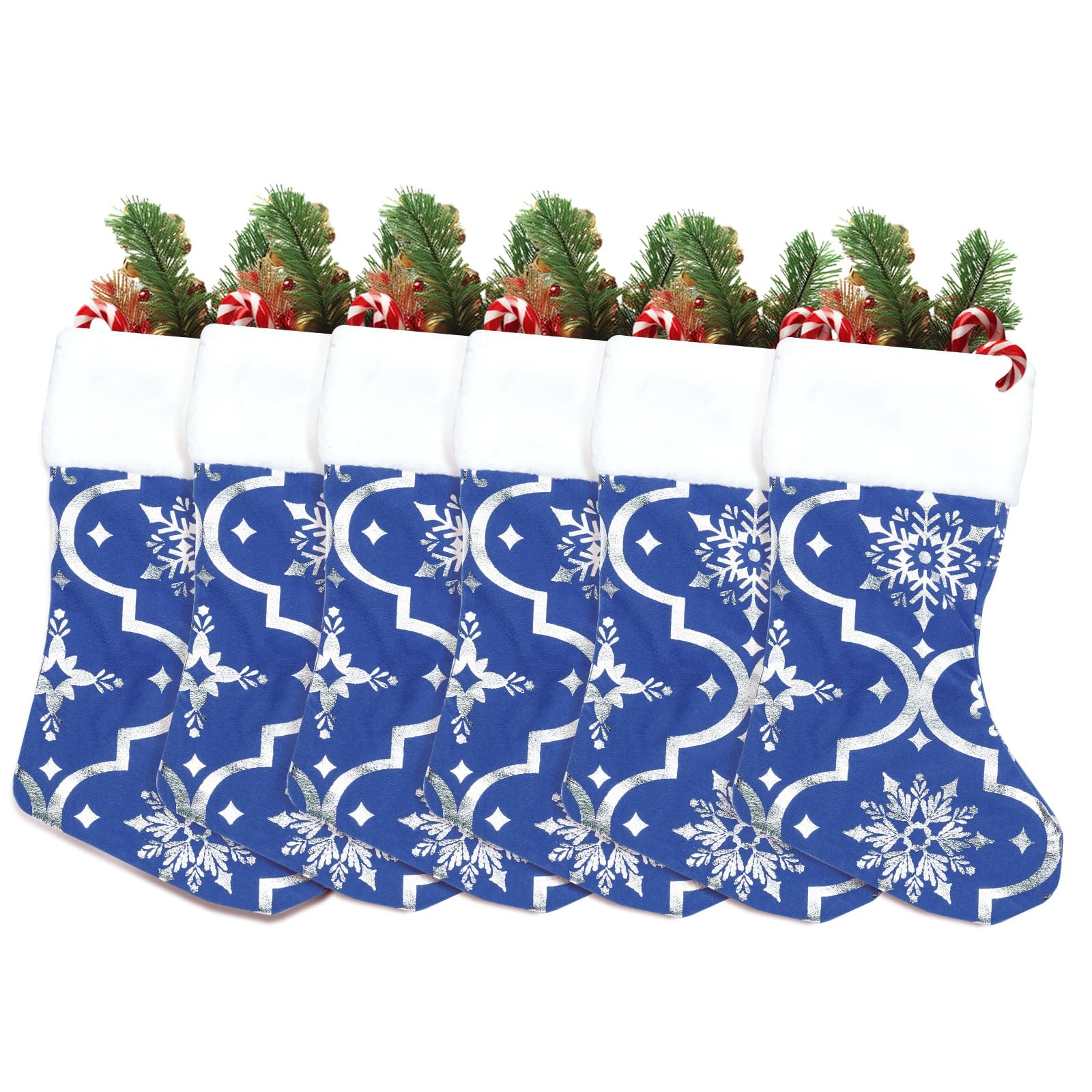 SquarePie Christmas Stockings 18 inches 6 Pack Royal Blue Large Hanging Snowflake Socks Xmas Bags Ornaments for Family Party Holiday Decor