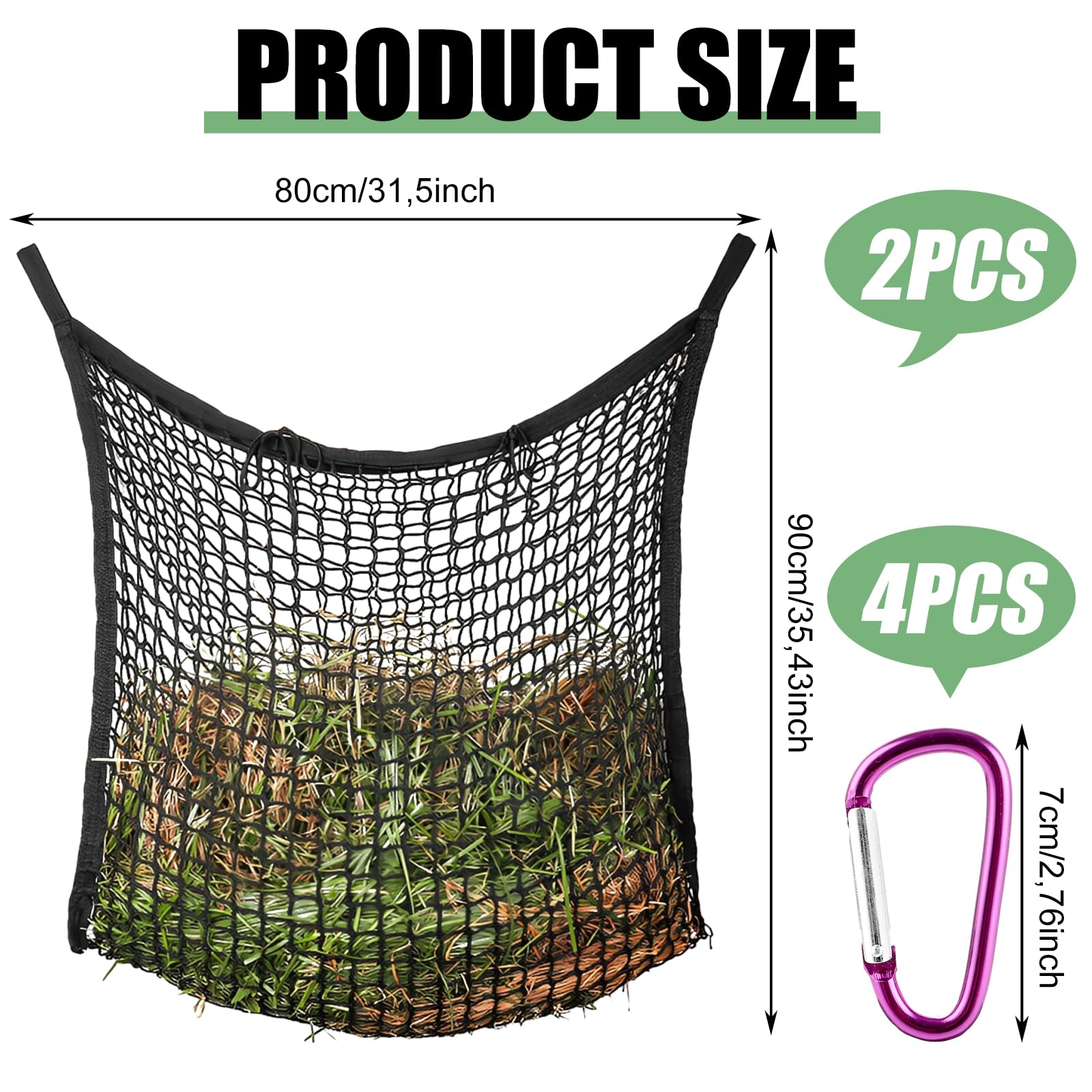 APACALI 2 piezas de red de heno para caballos, 80 x 90 cm, bolsa grande para heno con 4 mosquetones, capacidad de 10 kg, color negro