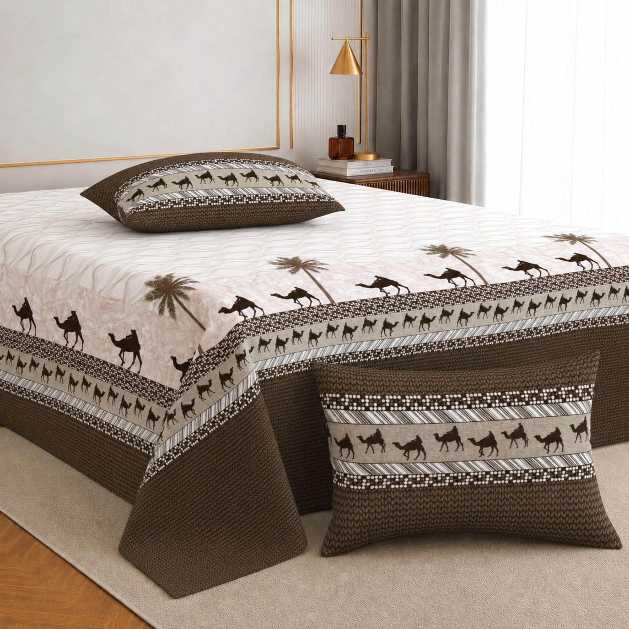 Jaipur Weaves Cotton King Size Bedsheet 108x108 Super King, 100% Pure Cotton Bed Sheet with 2 Pillow Covers, 300 TC Soft Breathable Camel Design Bedding - (Olive Desert)-image-27