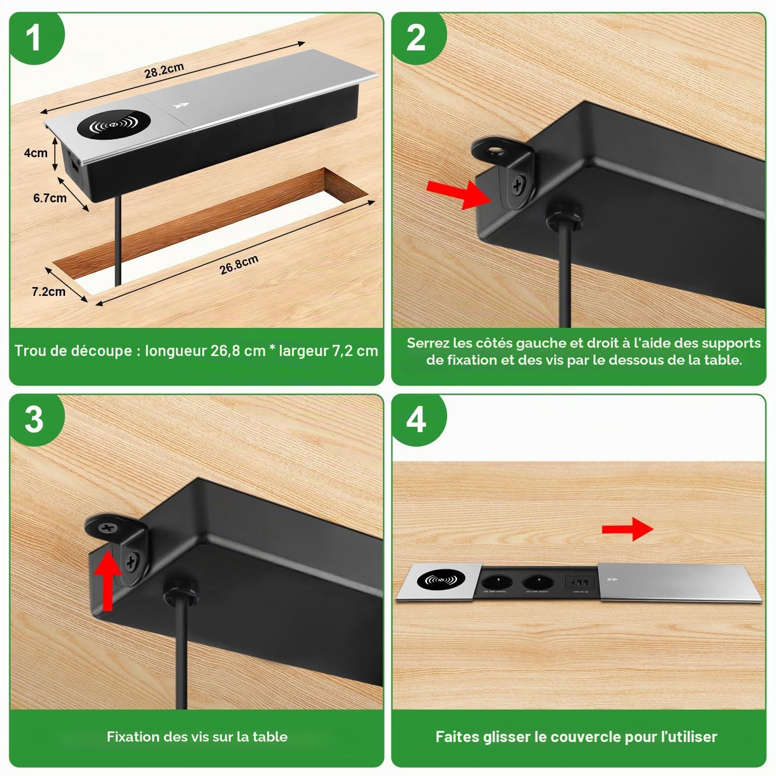 Multiprise encastrable escamotable 2 Prises Multiprise intégrée USB C PD
