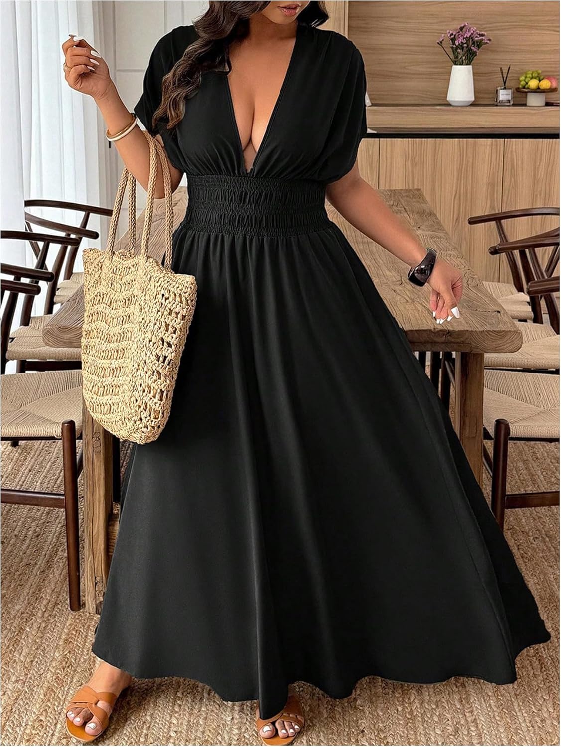 SOLY HUX Women's Plus Size Deep V Neck Maxi Dress Short Sleeve Split Hem Flowy Summer Dresses - Image 5