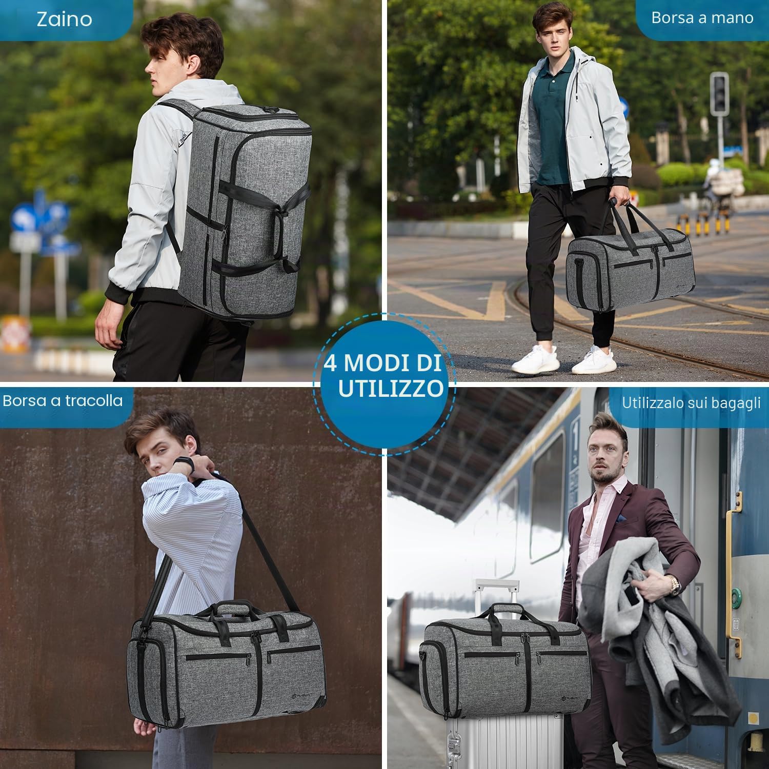 TUGUAN Borsa Porta Abiti da Viaggio Uomo 58L con Scomparto per Scarpe e Funzione Zaino 3 in 1 Borsone da viaggio Convertibile per Viaggi D'affari, Matrimoni, Grigio