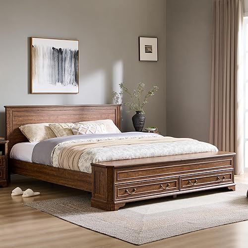 Miniatura 11 de T4TREAM Cama Queen de granja con cabecera y banco de almacenamiento, cama de plataforma de madera rústica con baúl de almacenamiento de 64 pulgadas