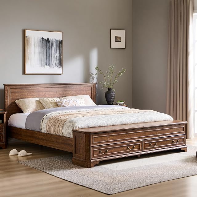 T4TREAM Farmhouse King Bed with Headboard and Storage Bench Rustic Wood Platform Bed with 80 Storage Chest w