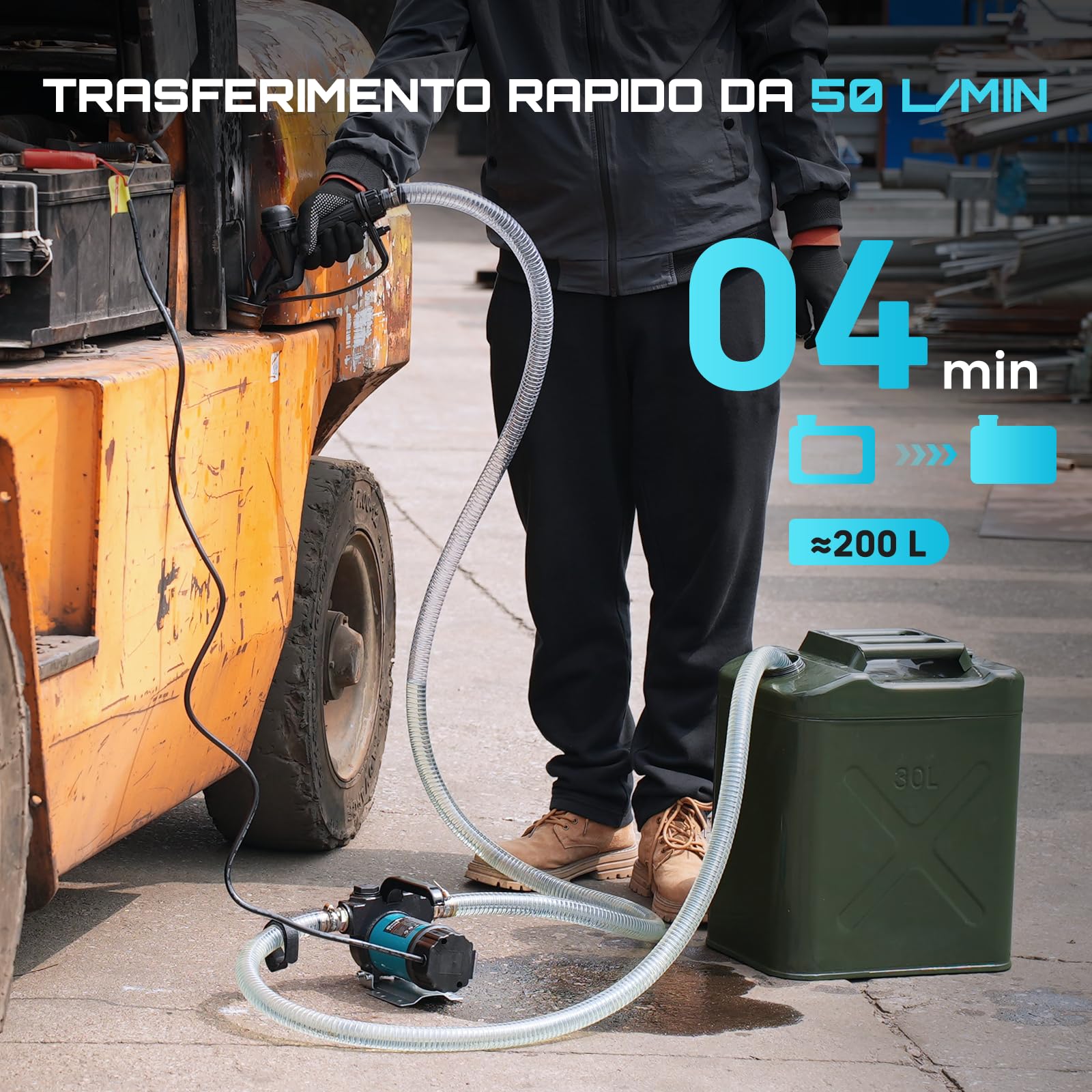 SEESII Pompa diesel elettrica 12 V: 50 l/min con ugello e tubi per il trasporto di diesel, cherosene e olio combustibile, 200 W pompa olio portatile per barca, camion, casa e rifornimento agricolo