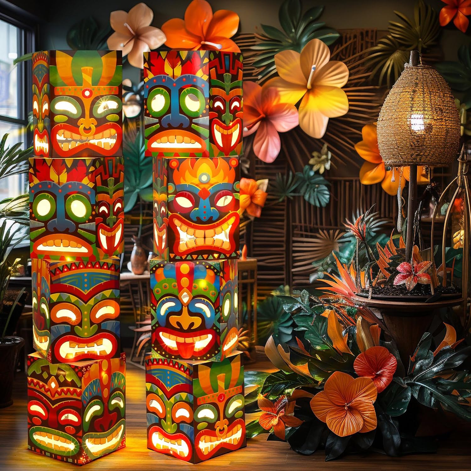 Janlaugh 16 Pcs Tiki Totem Box Decor with Light, Luau Party Decorations for Hawaiian Birthday Party Tropical Aloha Decor 9.84 x 7.09 Tiki Lighted Gift Boxes for Garden Patio Porch Outdoor Decor