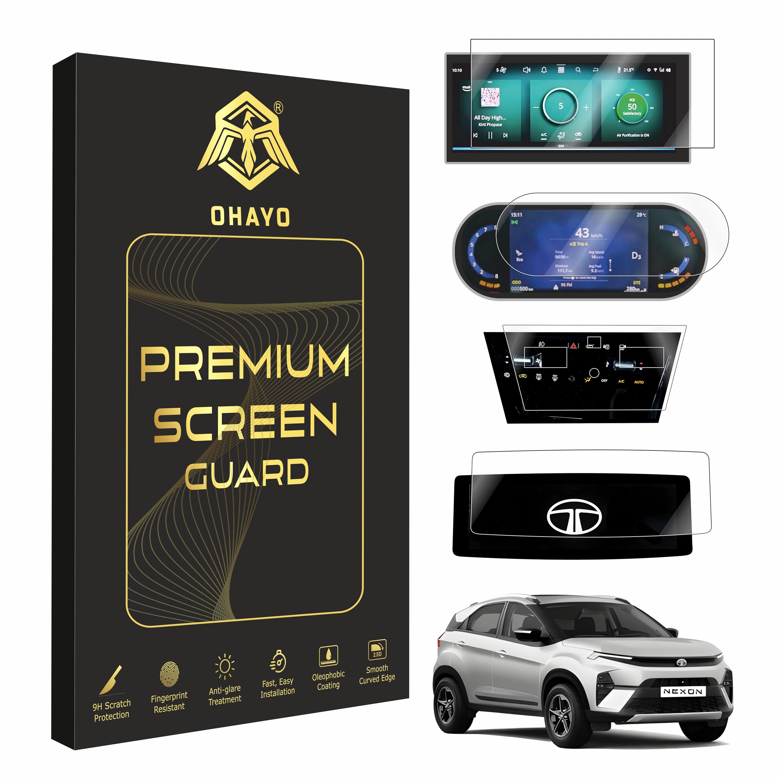 OHAYO 4 Pack Screen Protector for Tata Nexon 2025 & 2026 Creative+ PS DK 1.2 Petrol | 10.25” Infotainment (Thin Bezel) + 7” MID + AC Touch Panel + Steering Cluster Protection | 9H Hardness, HD Clear, Scratch Resistant, Not Tempered Glass-image-4