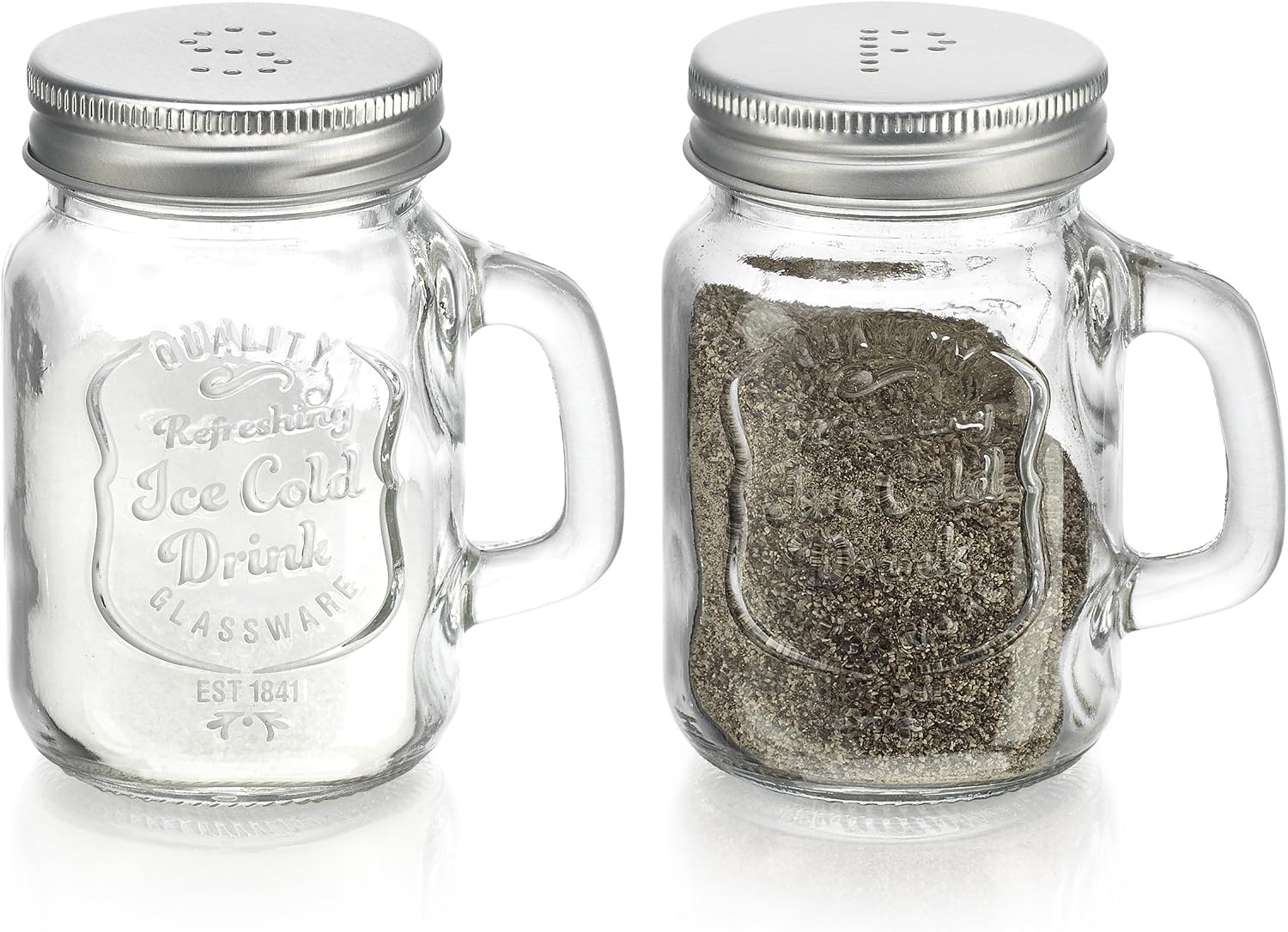 Salt and Pepper Shakers Set – Mason Jar Salt and Pepper Shakers with Stainless Steel Lids & Handles, Clear Glass Farmhouse Kitchen Decor, BPA Free, 5 oz Each, Perfect Pour for Home & Restaurant Use