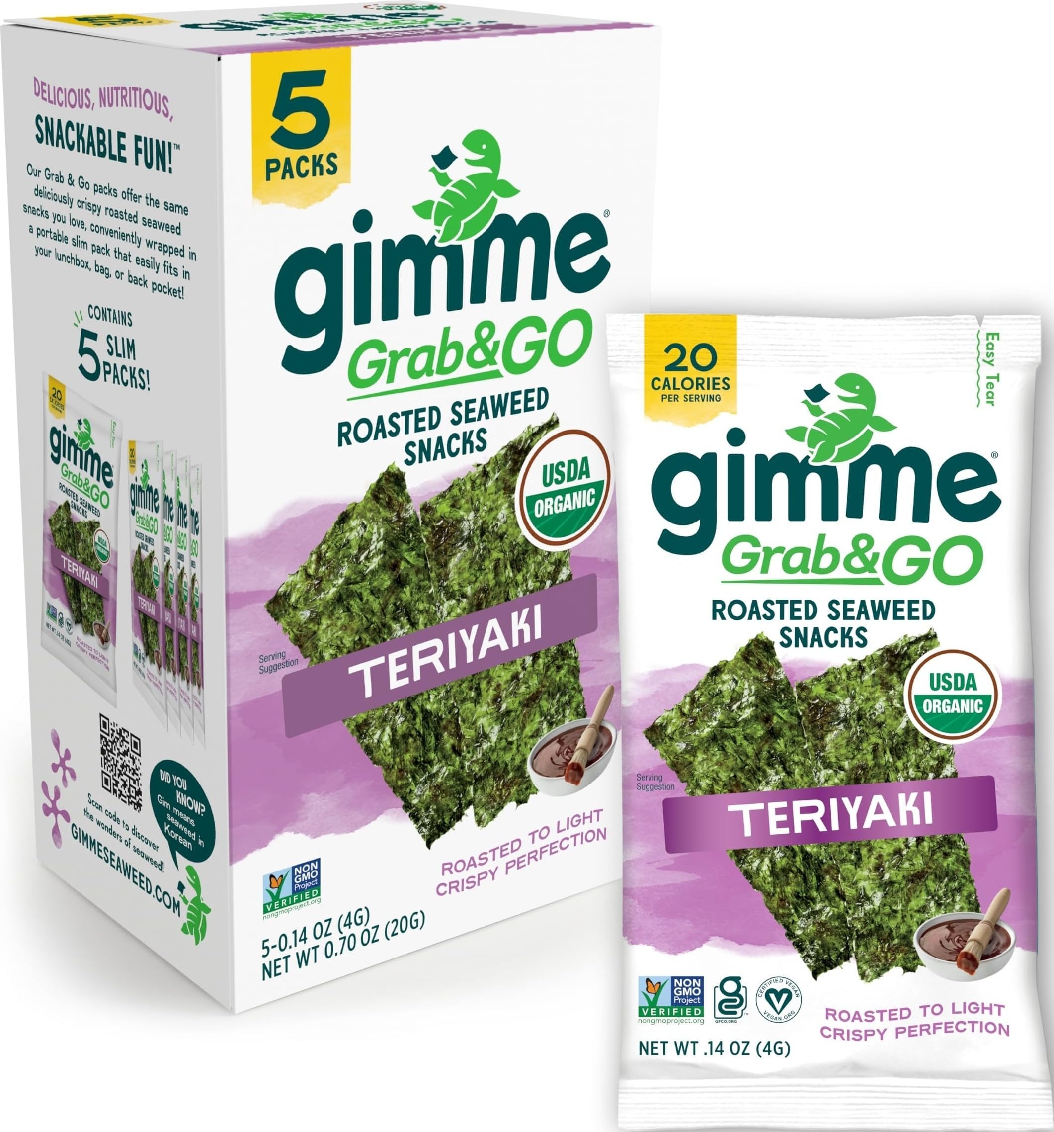 Gimme 5 CT Teriyaki Grab & Go Organic Roasted Seaweed Snacks, 4g, 0.14oz