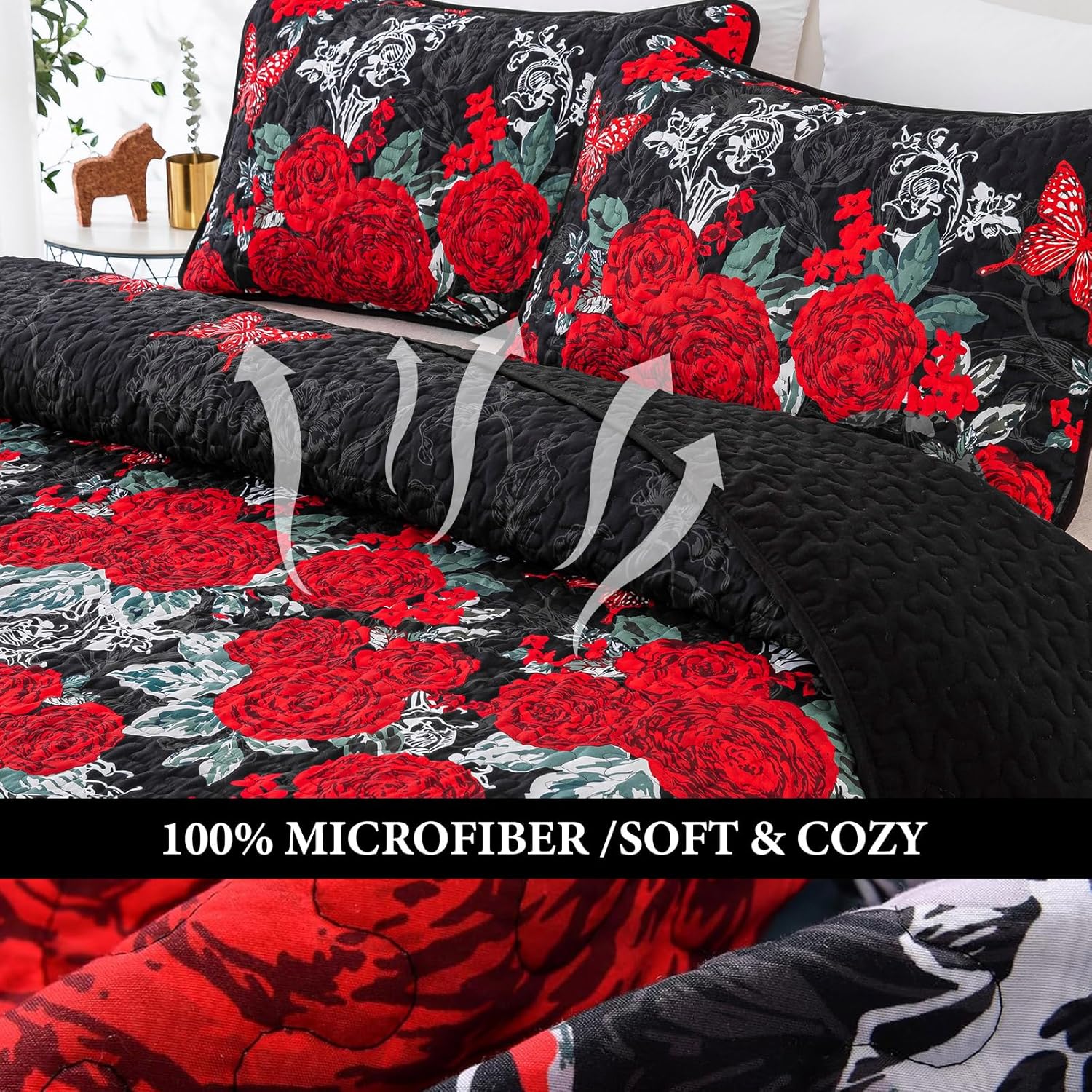 Yiran Black Floral Quilt Set Queen Size Summer Botanical Bedspreads Bedding Set 3 Pieces Lightweight Rose Flowers Printed Coverlet with 2 Pillow Shams for All Season 96x90 Inch - Image 4