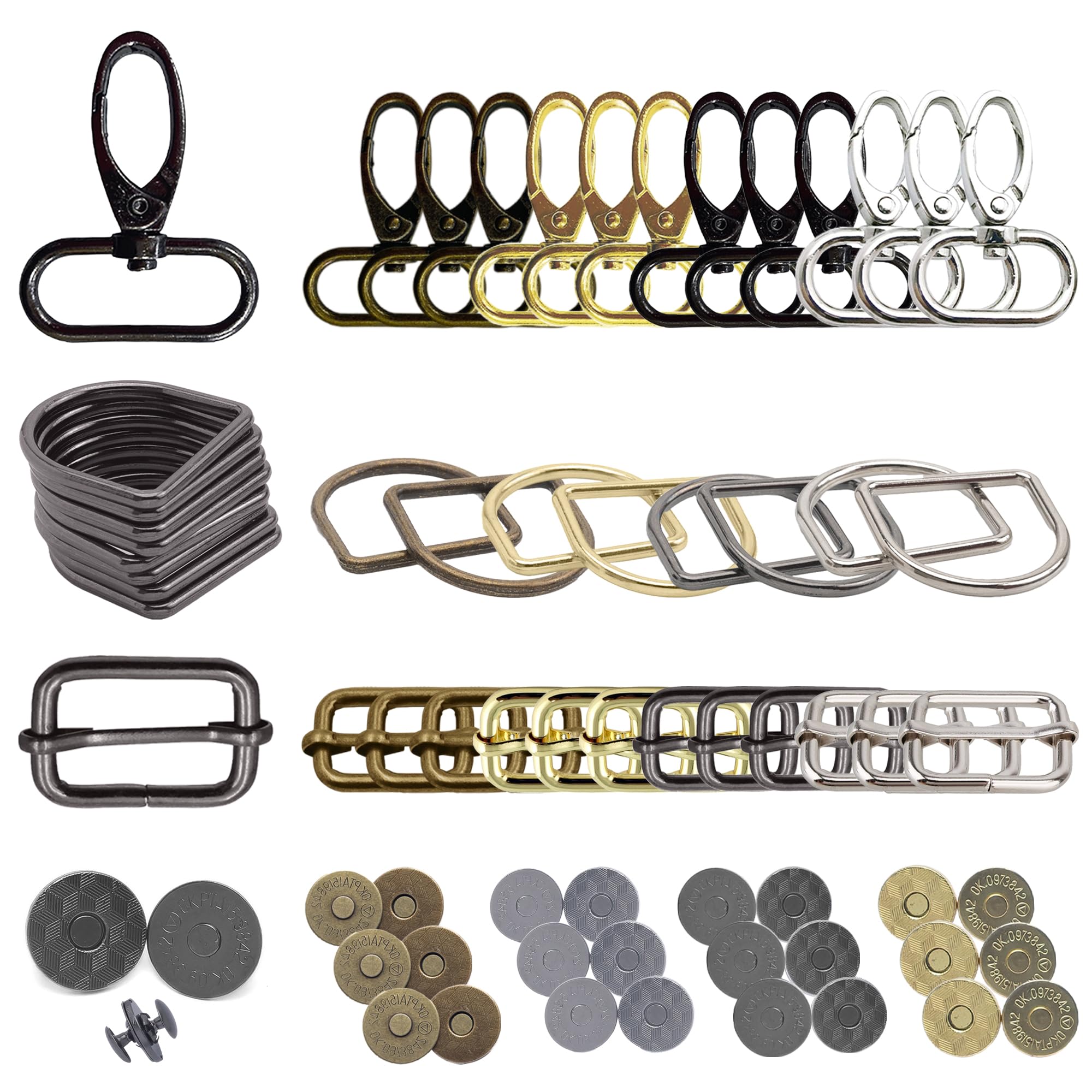 160 szt. Zestaw akcesoriów do kluczy – obrotowe haczyki 25 mm, pierścienie D, klamry trójpoślizgowe i magnetyczne zapięcia do torebek DIY, torebek, smyczy, napraw toreb, przyborów do szycia i