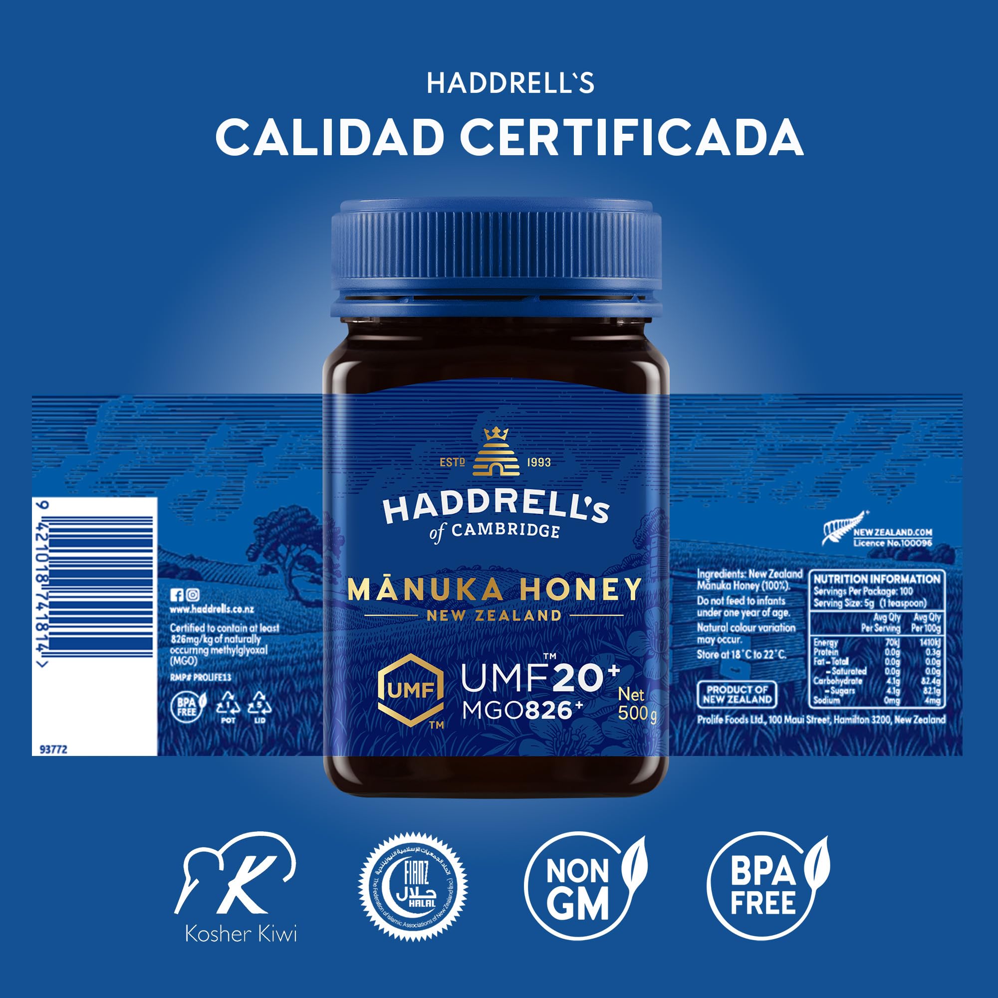 Haddrells of Cambridge Miel de Manuka MGO 800+ (UMF 20+) 500g - Miel certificada de Nueva Zelanda - Rica en metilglioxal - Sostenible, cruda y con un alto contenido en MGO