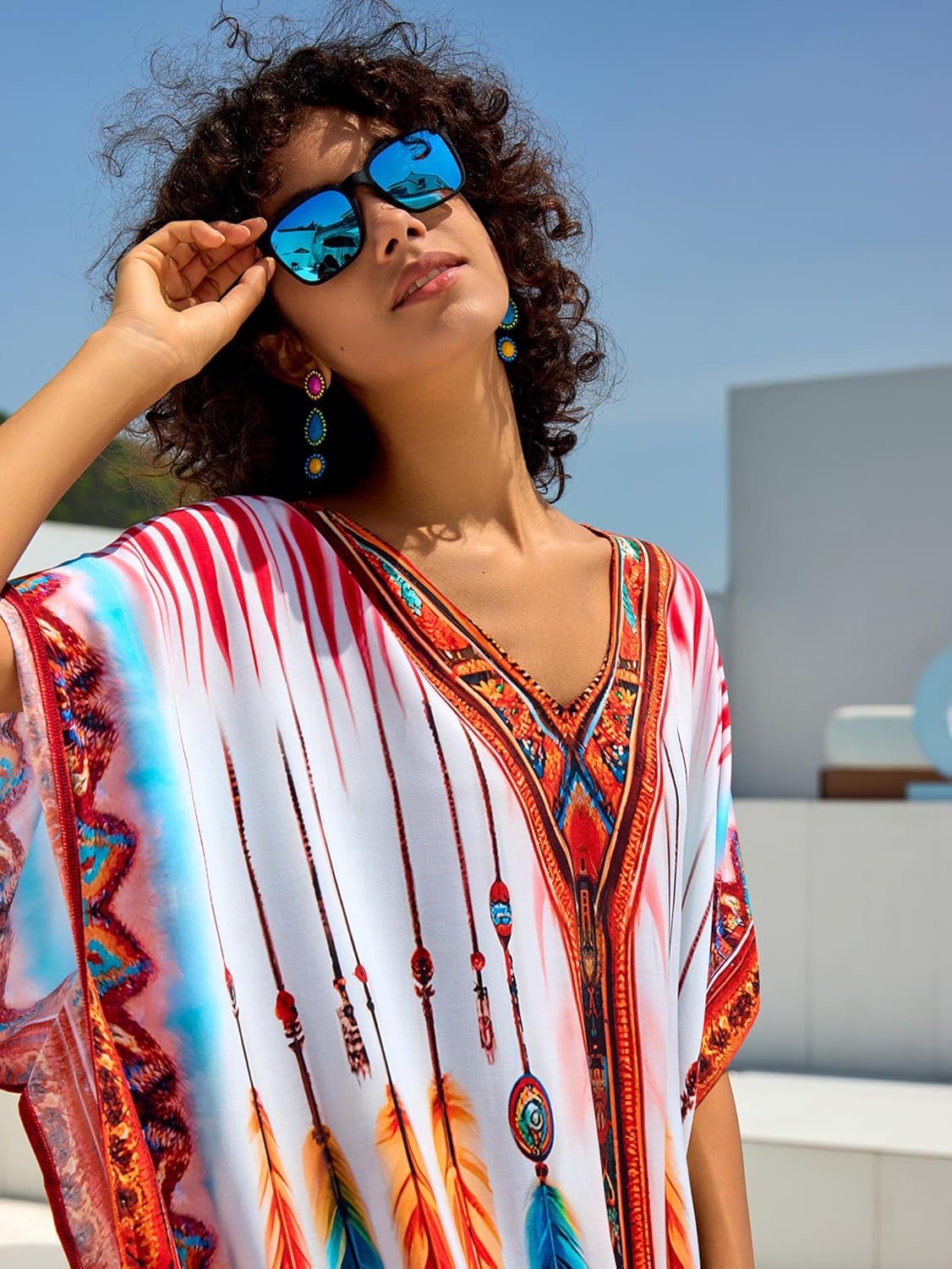 Chunoy Women Colorful Feather Print Kaftan V Neck Casual Bathing Suit Kimono Sleeve Side Split Beach Cover Up Caftan Dress - Image 6